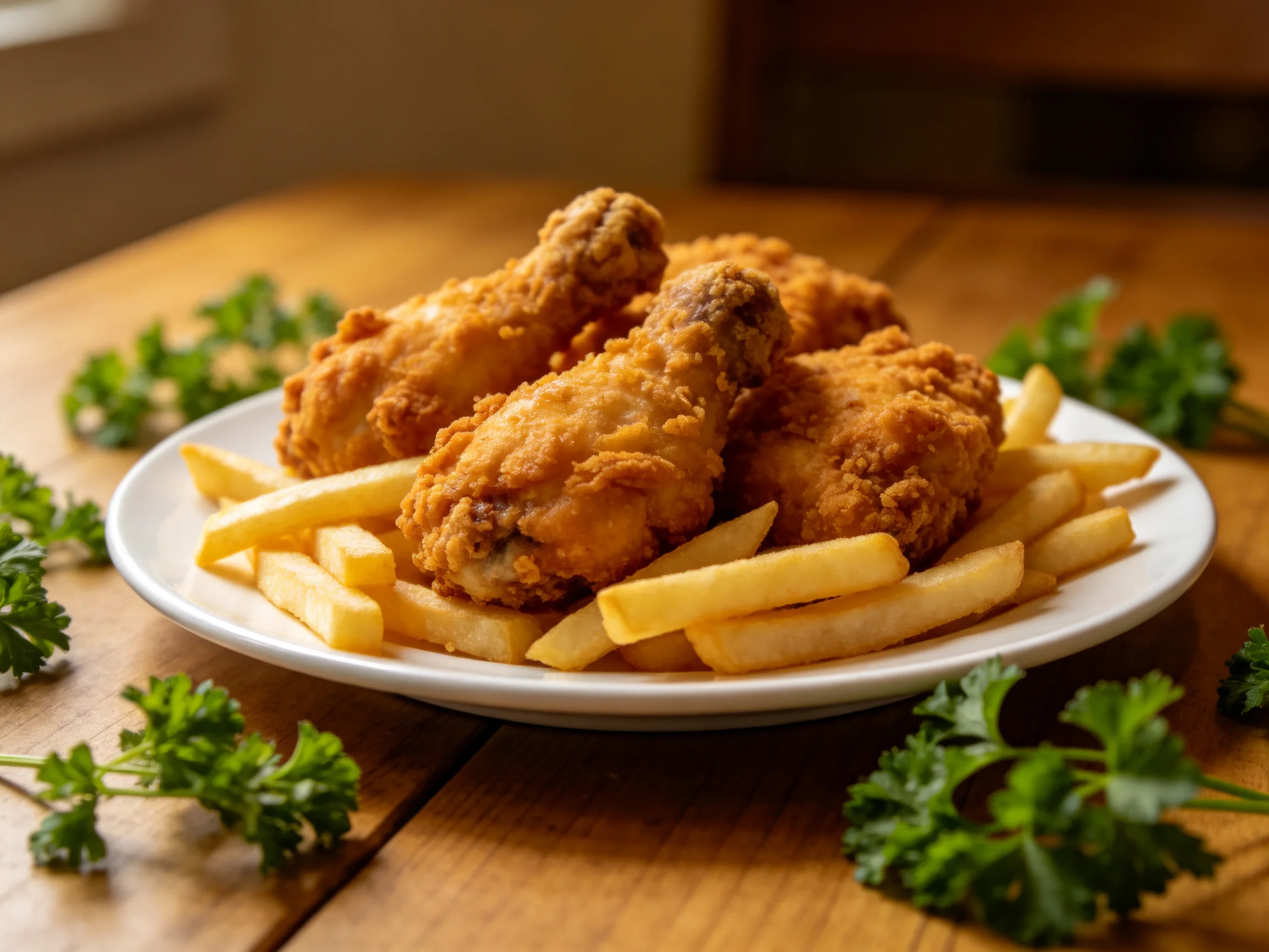 Golden fried chicken wings and crispy fries on a white plate with fresh green herbs