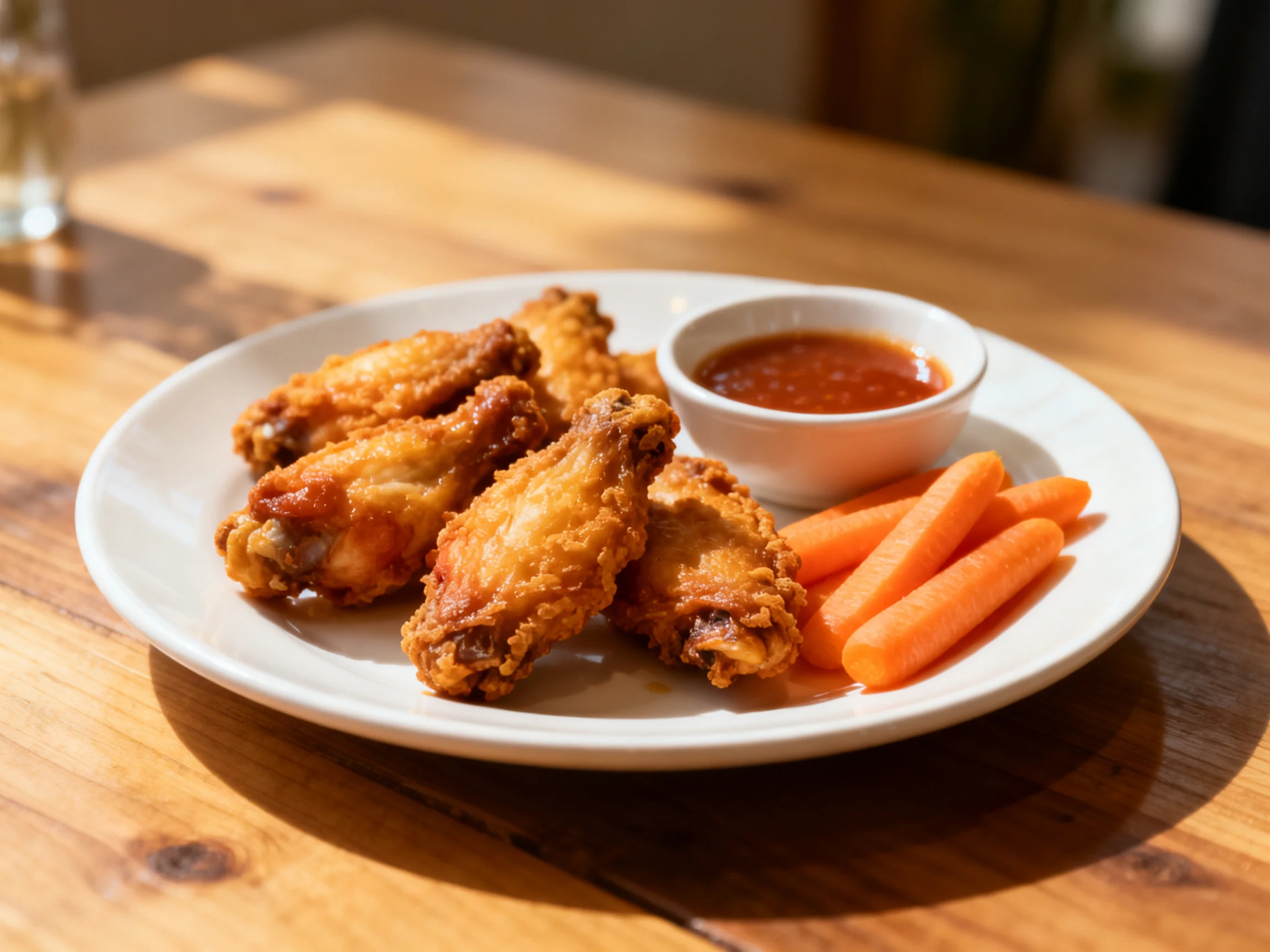 Golden fried chicken wings, orange baby carrots, and red sauce on a white plate
