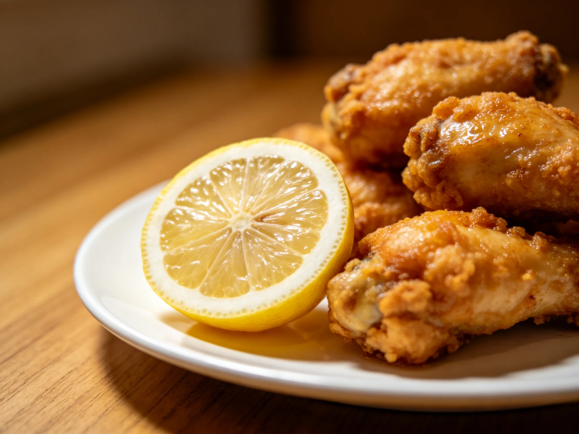 Golden fried chicken wings with a fresh lemon half on a white plate