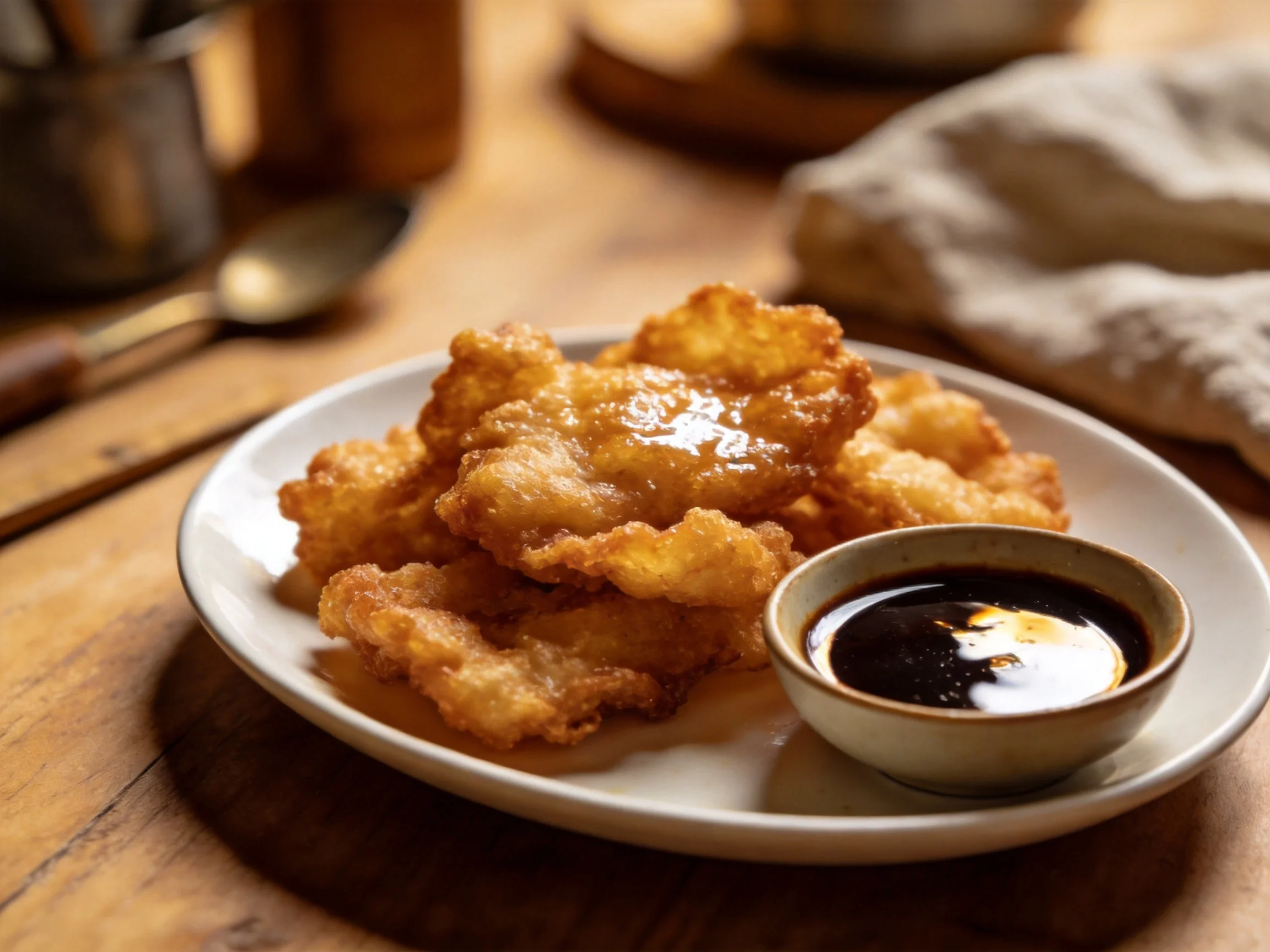 Golden fried dumplings served with dark sauce on a white plate