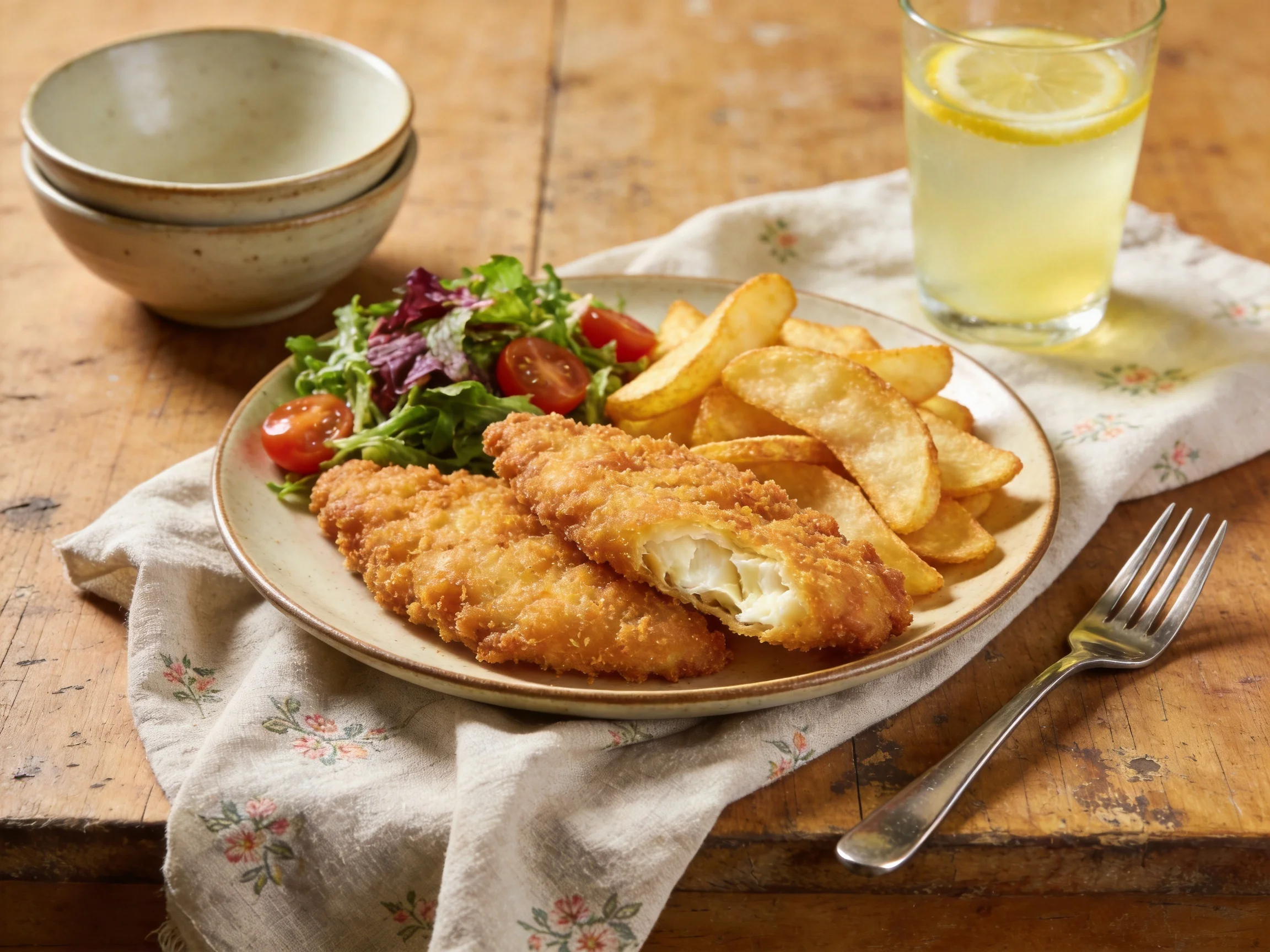 Golden fried fish, crispy potato wedges, and fresh mixed greens salad