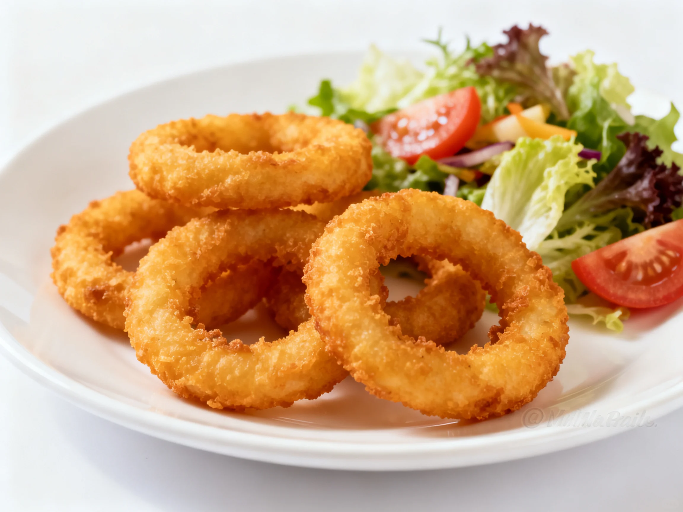 Golden fried onion rings served with fresh mixed greens salad