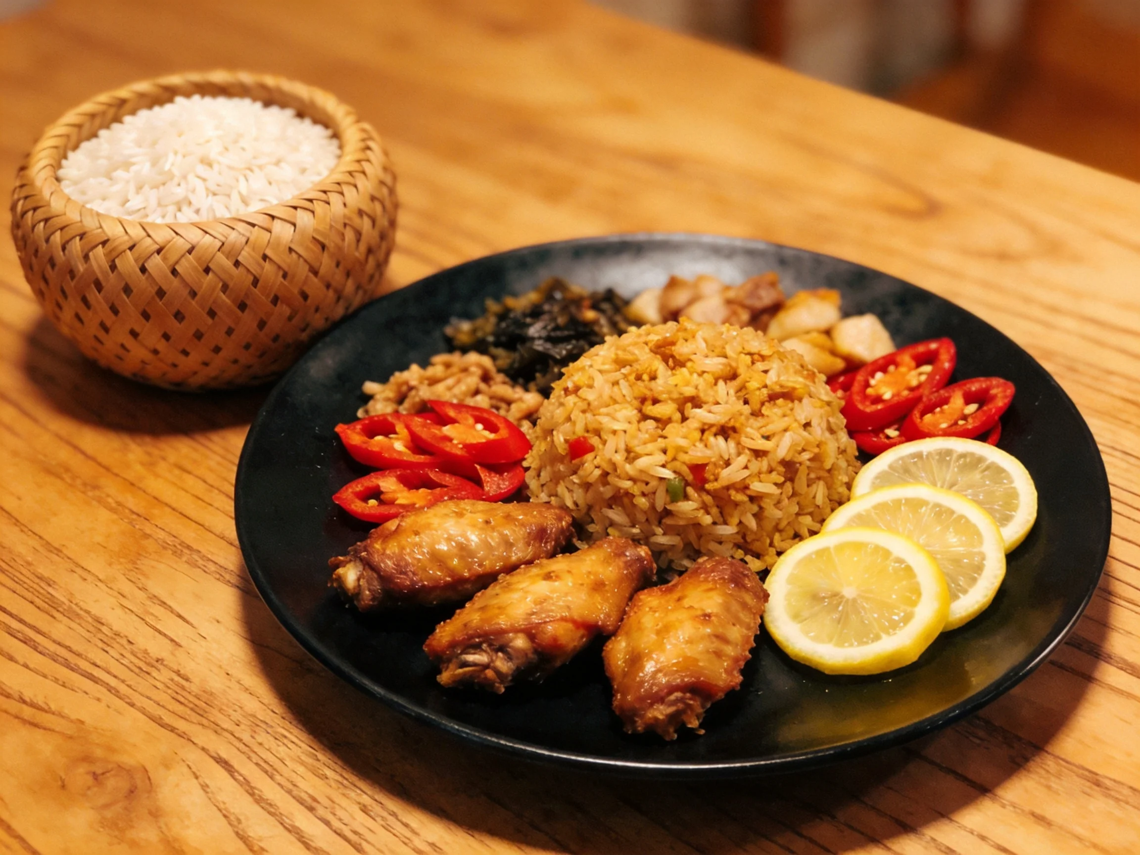 Golden fried rice, crispy chicken wings, and colorful side dishes