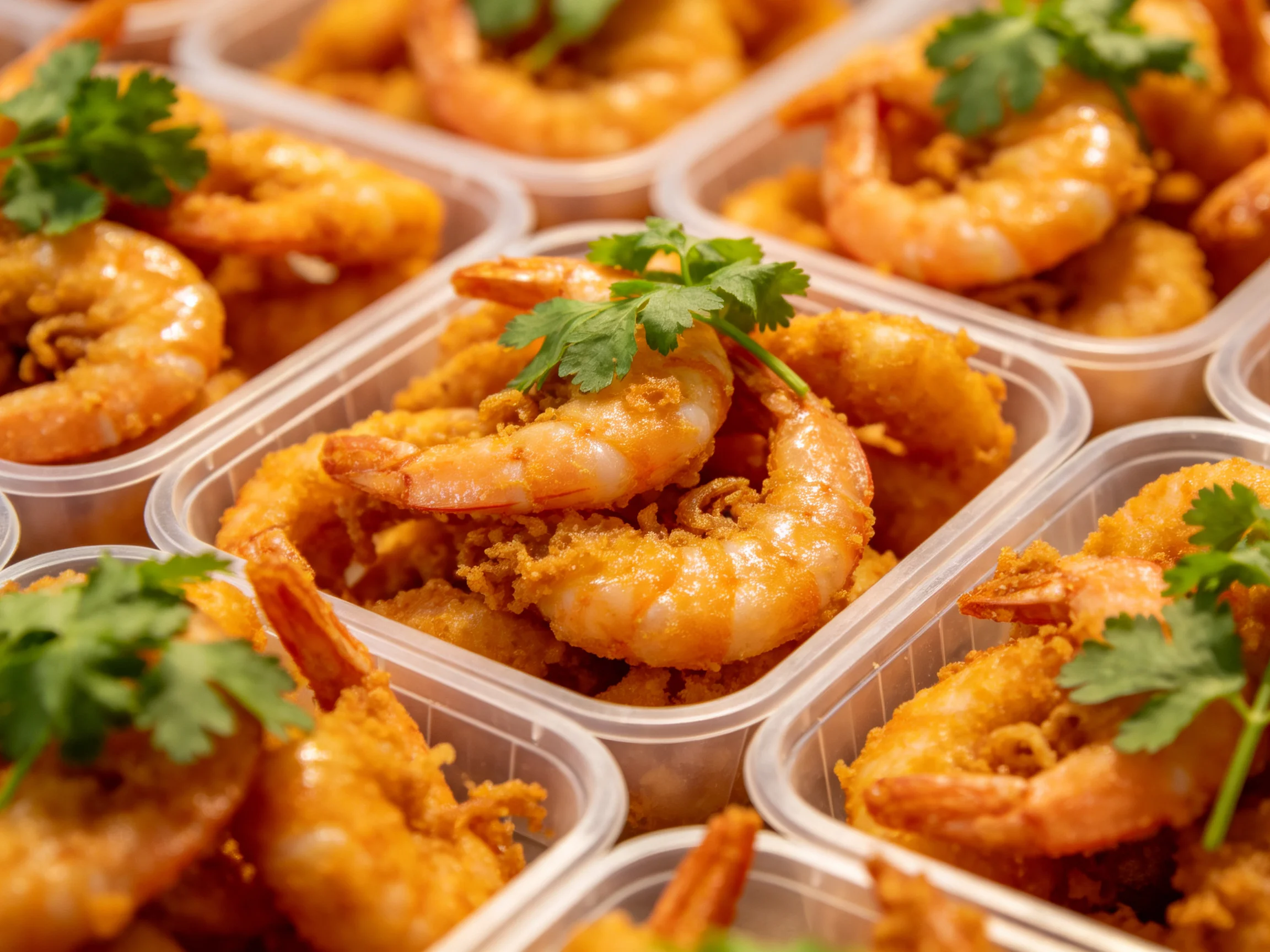 Golden fried shrimp in clear plastic containers with cilantro garnish