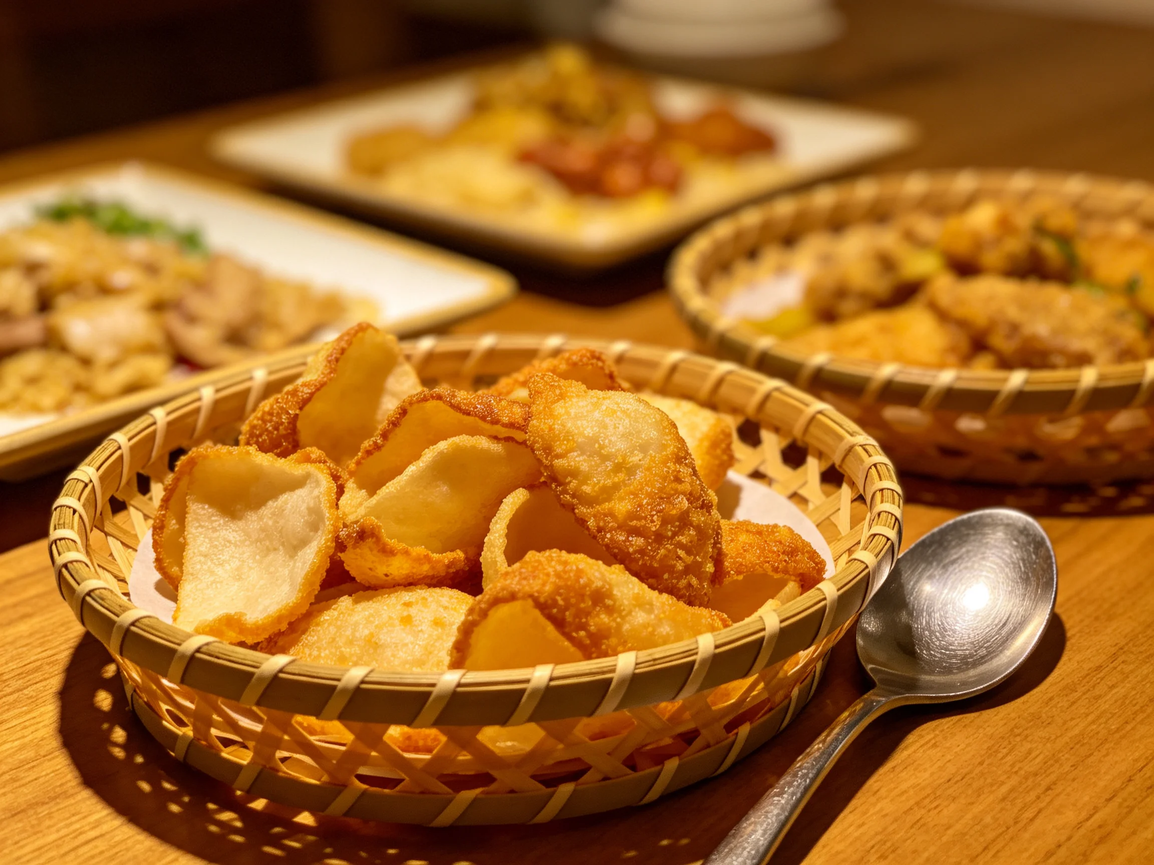 Golden fried snacks in bamboo baskets with assorted dishes