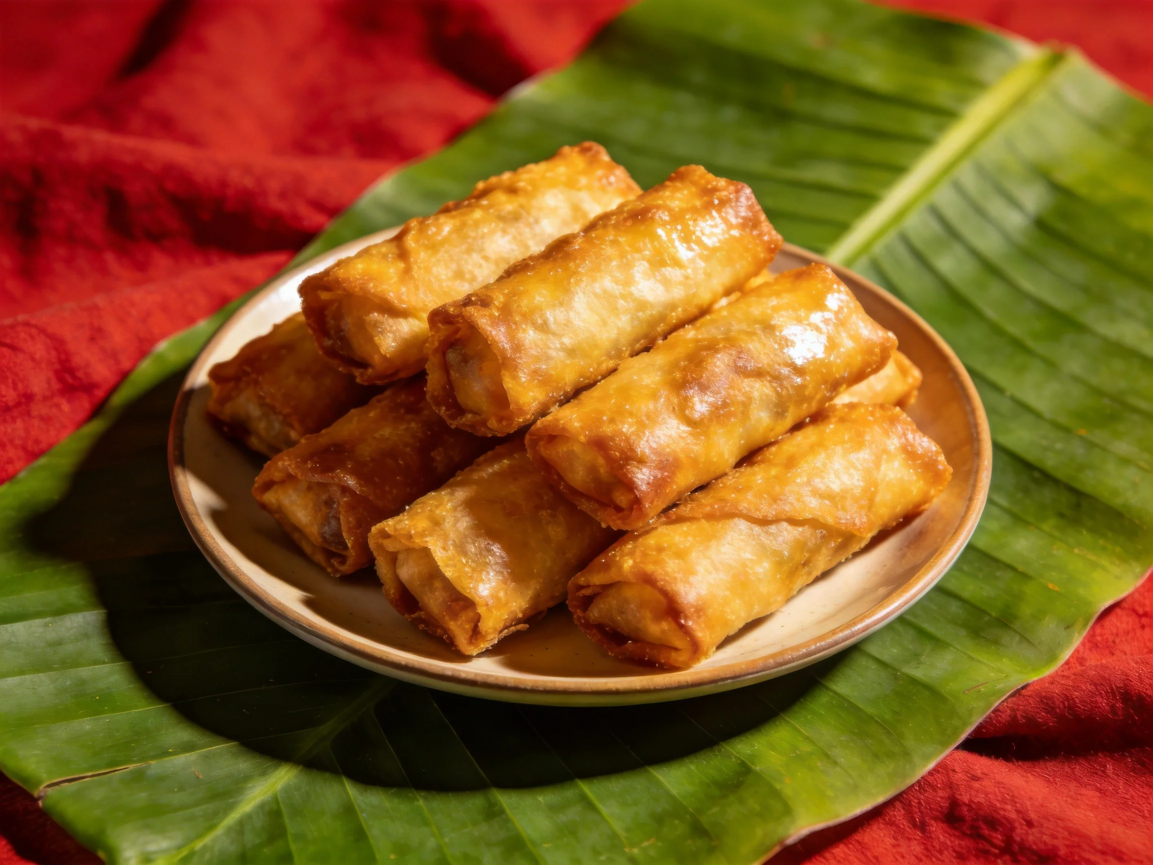 Golden fried spring rolls stacked on a large green banana leaf with red fabric backdrop
