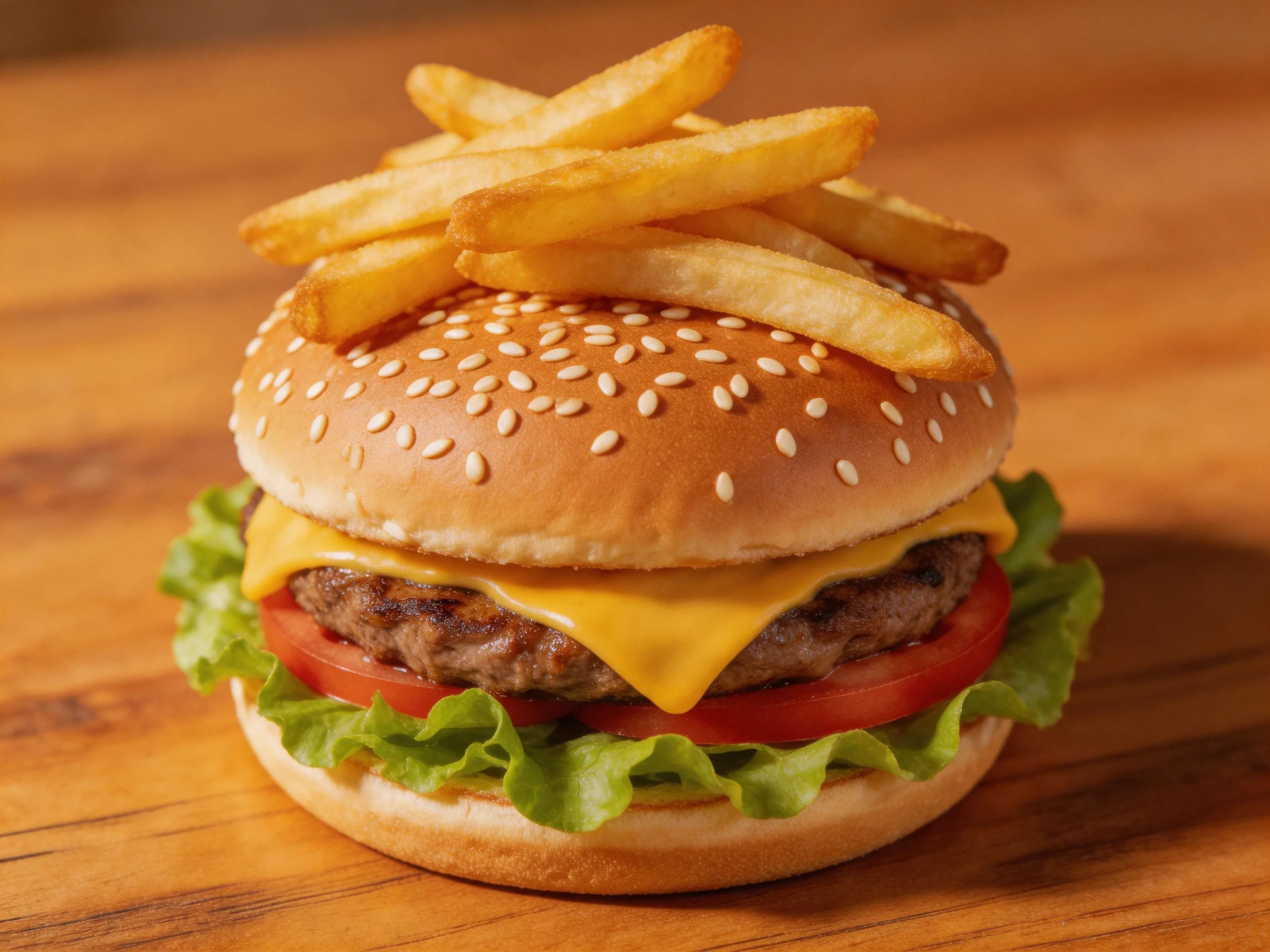 Golden fries atop a sesame seed cheeseburger on wood
