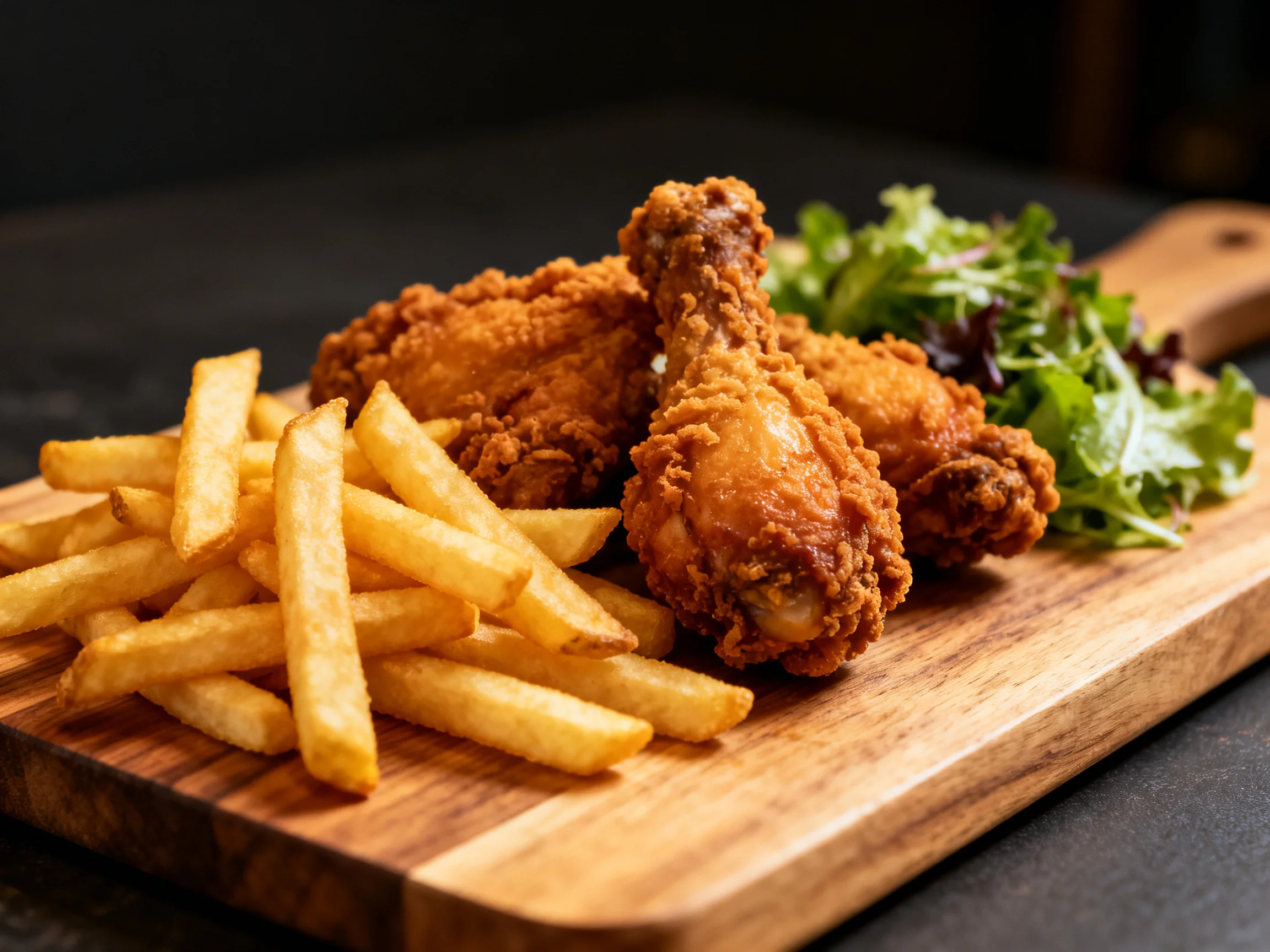 Golden fries, crispy fried chicken, and fresh greens on a wooden platter