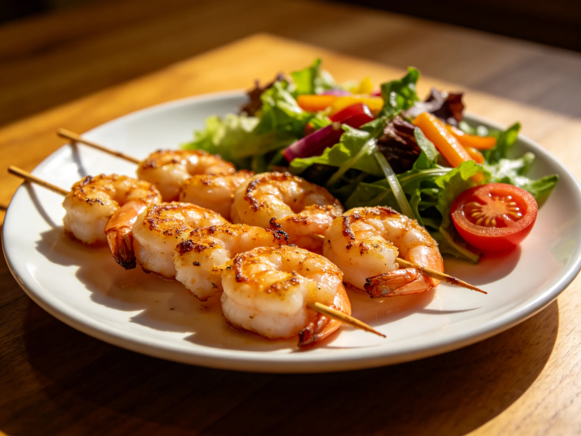 Golden grilled shrimp skewers with mixed green salad on a white plate