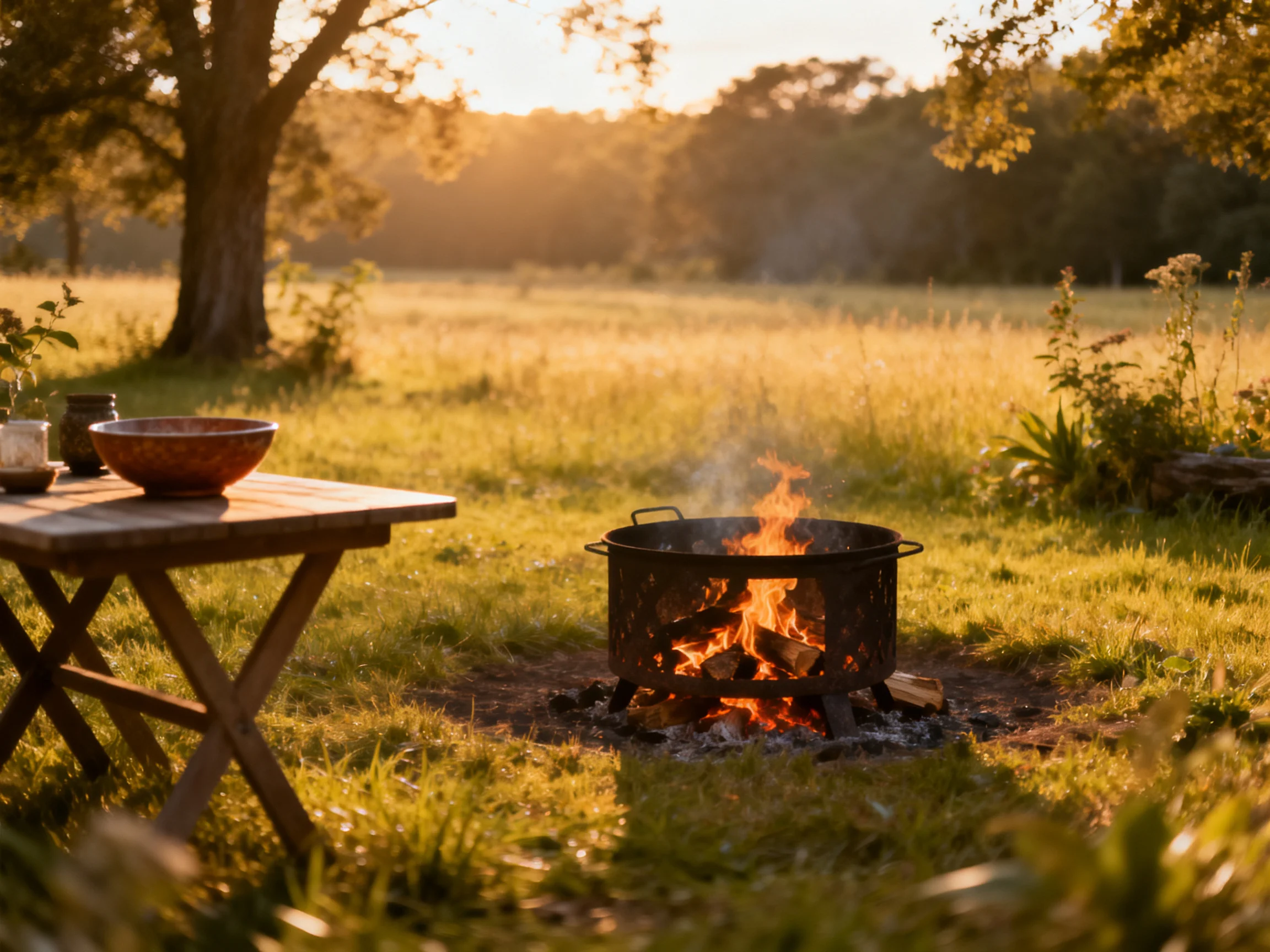 Golden-hour meadow with a blazing fire pit next to a wooden table