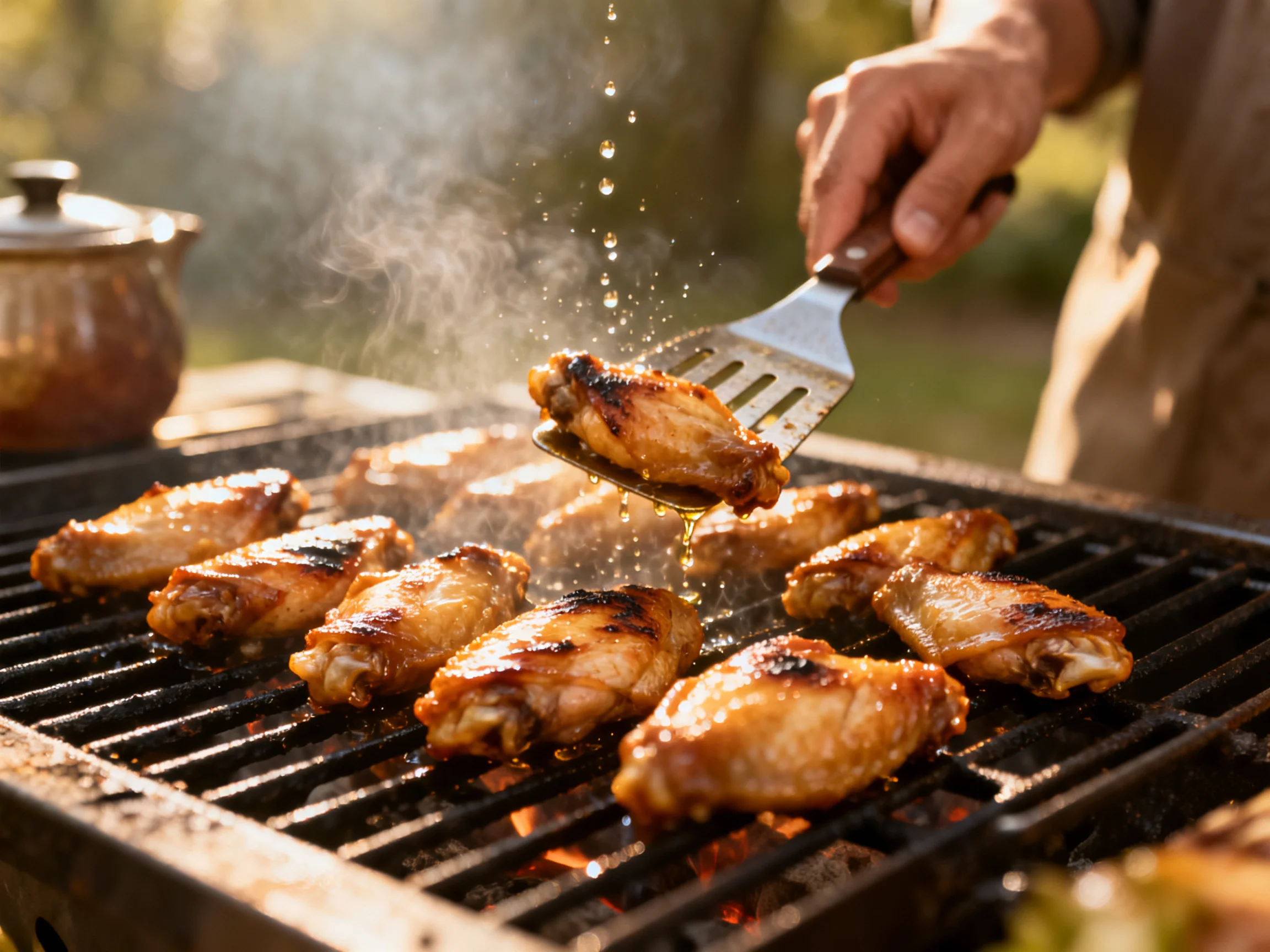 Golden-hued chicken wings sizzling on an outdoor charcoal grill
