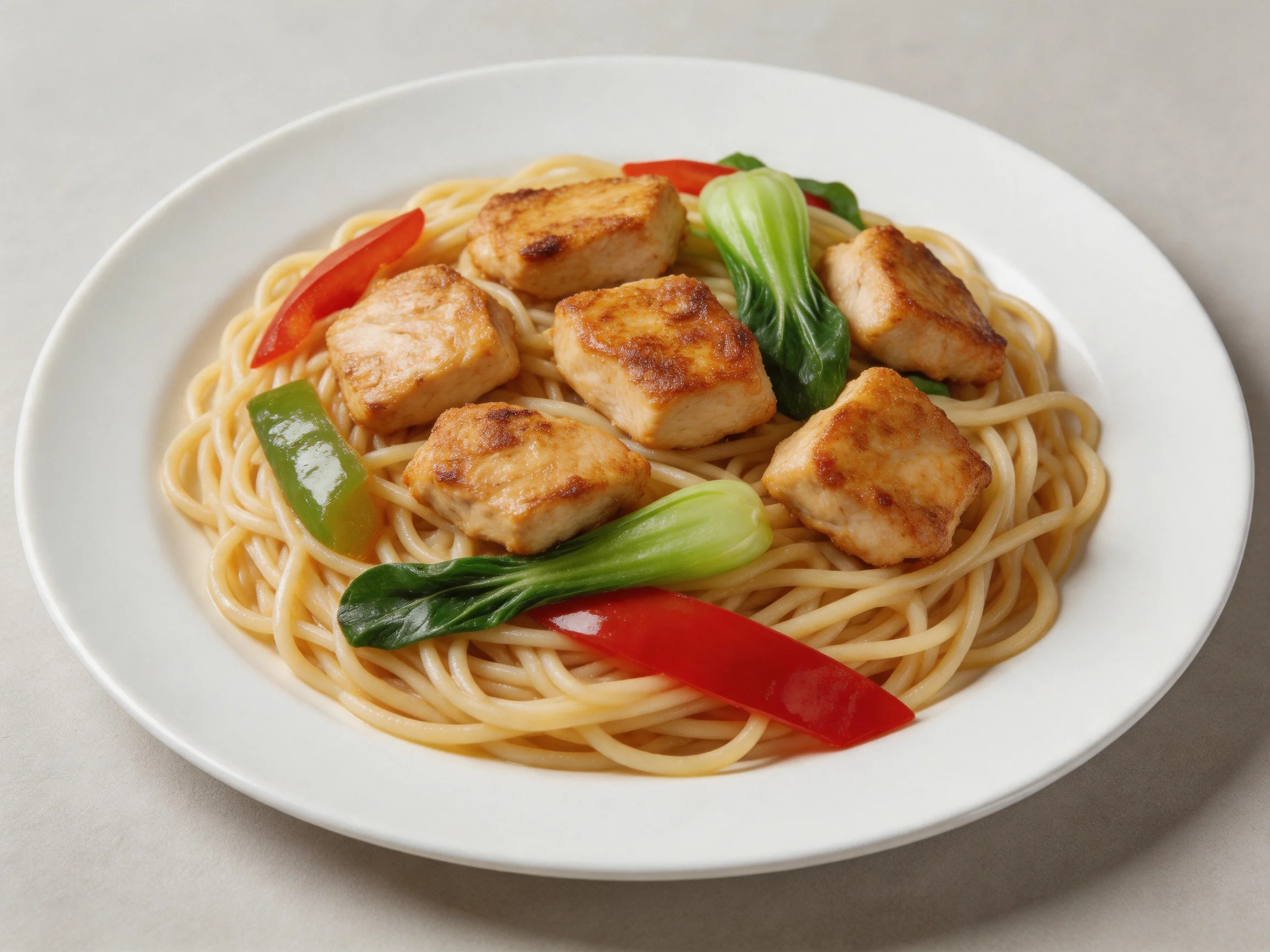 Golden noodles topped with six grilled chicken cubes, red peppers, and bok choy