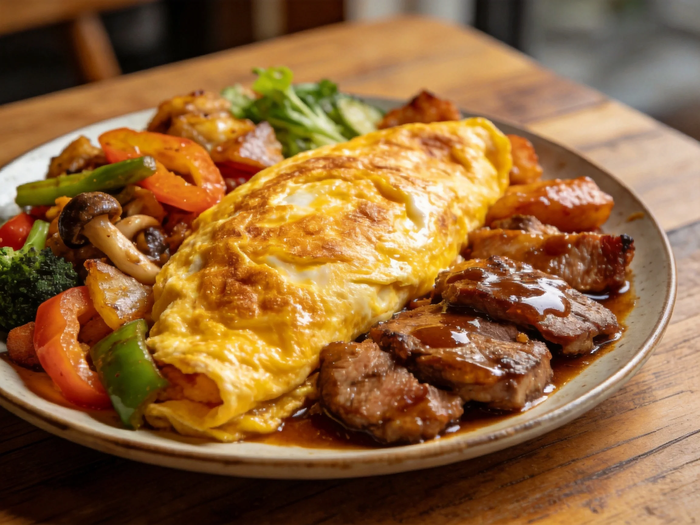 Golden omelet, glazed meat, and assorted vegetables