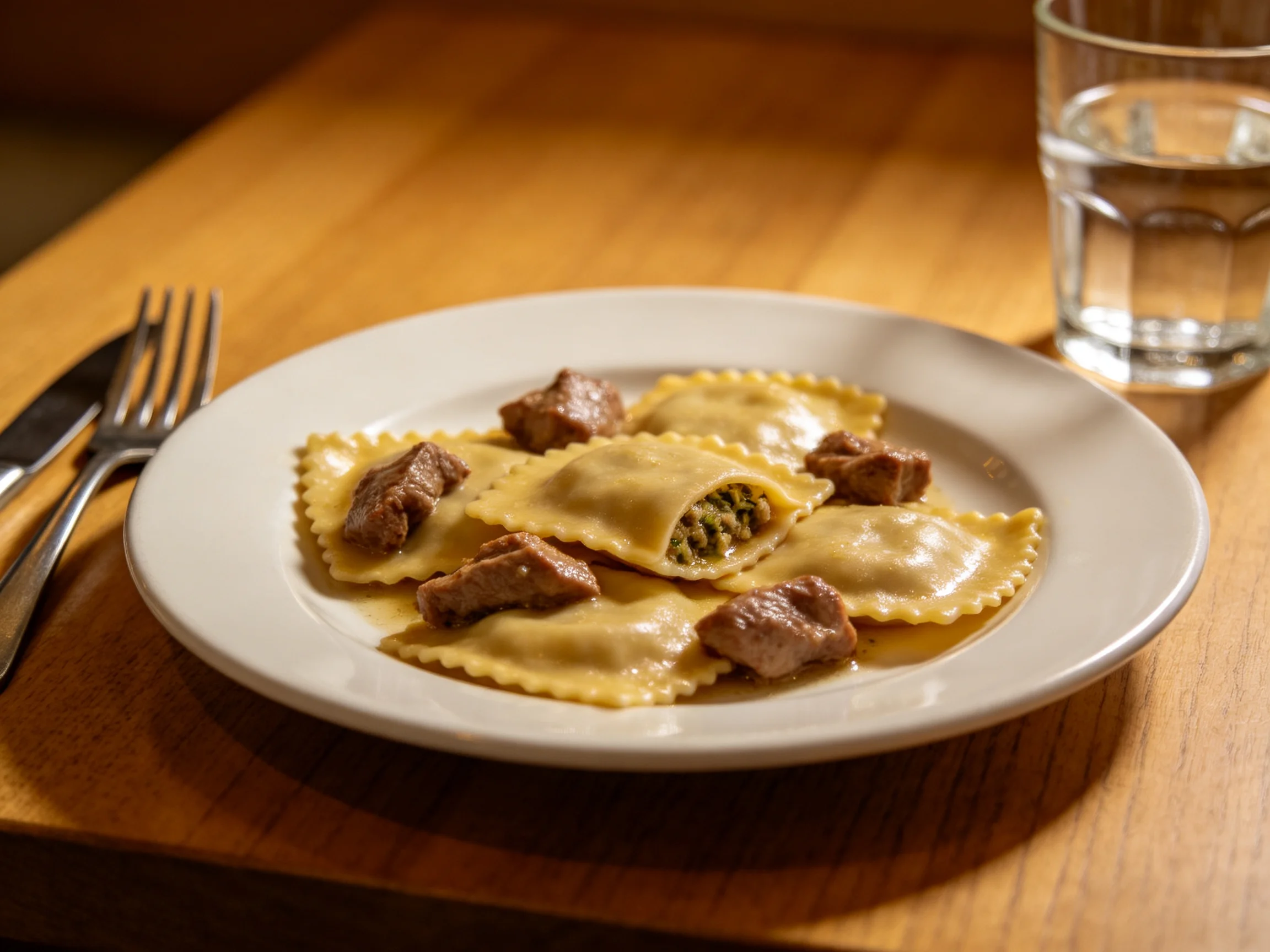 Golden ravioli with brown meat chunks served on a wooden table
