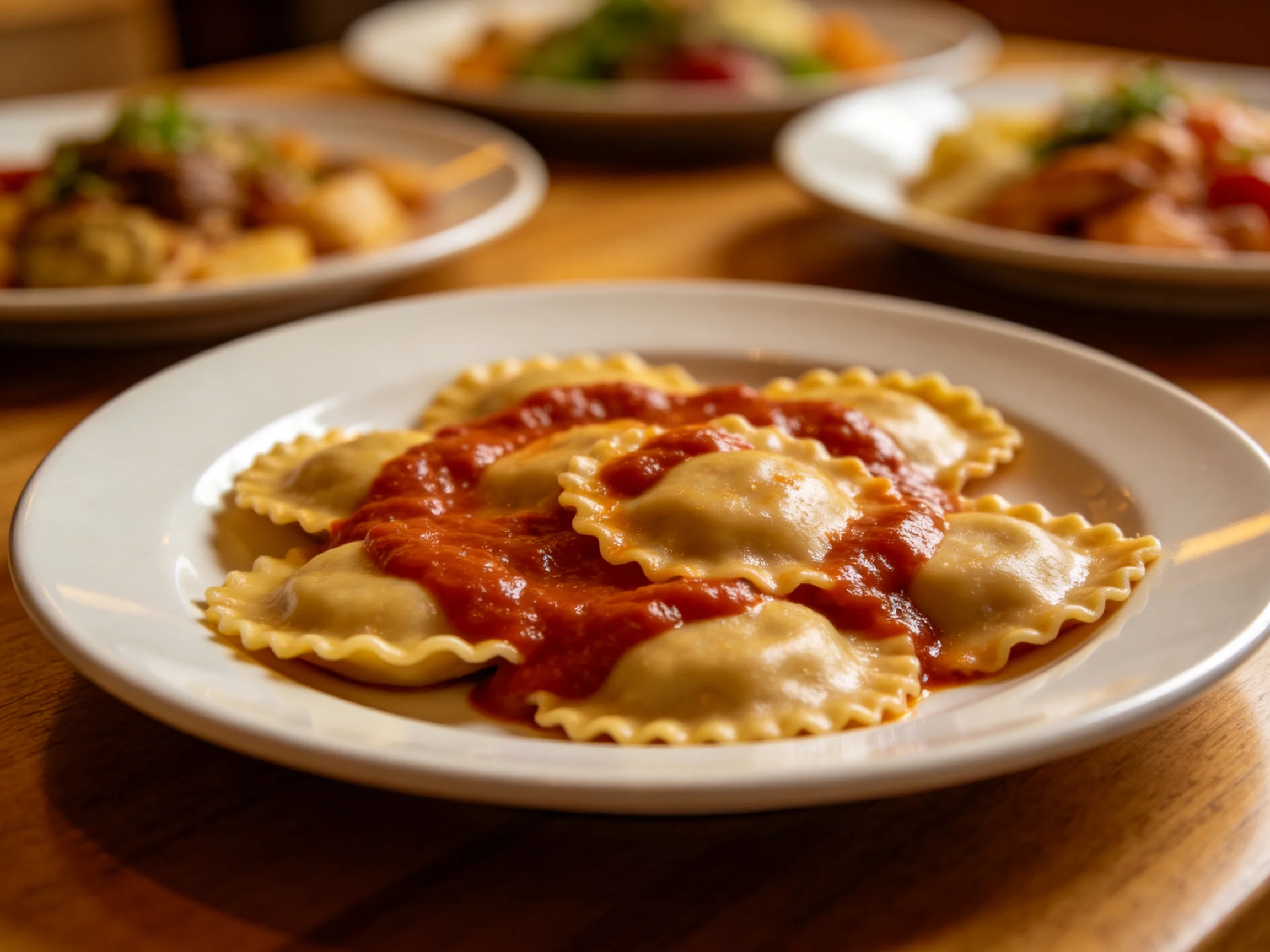 Golden ravioli with red sauce on white plate