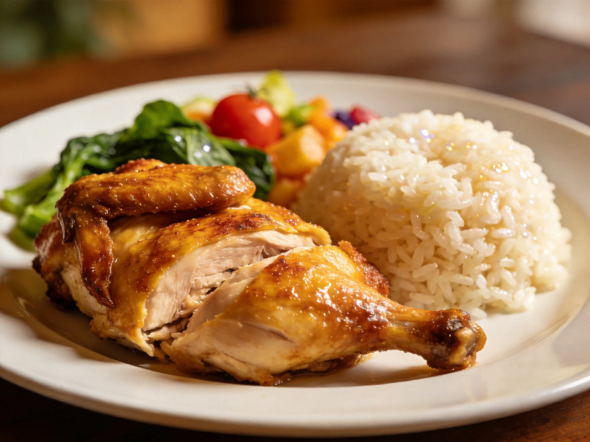 Golden roasted chicken, white rice, and fresh mixed veggies on a plate
