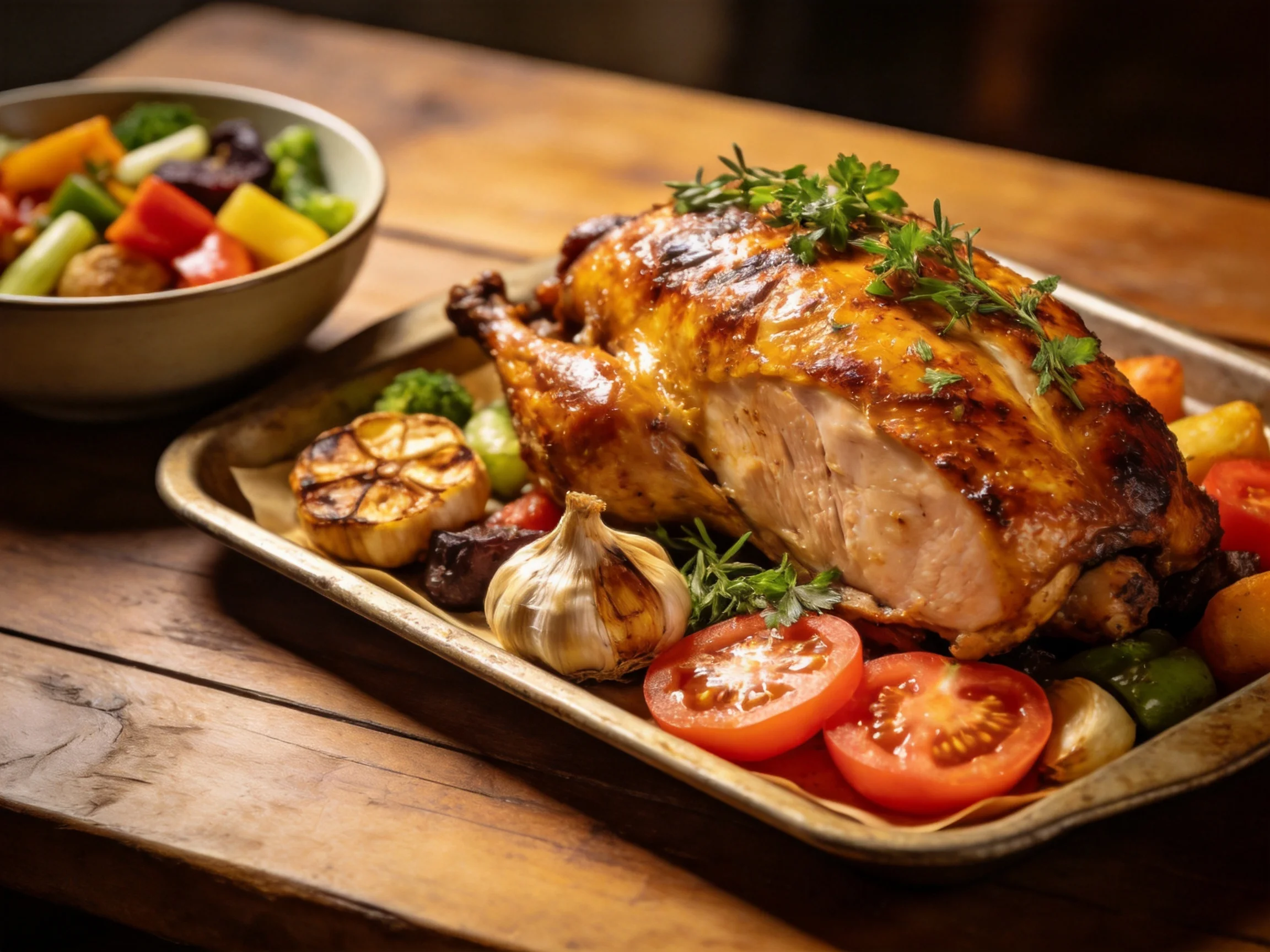 Golden roasted chicken with fresh herbs and mixed vegetables
