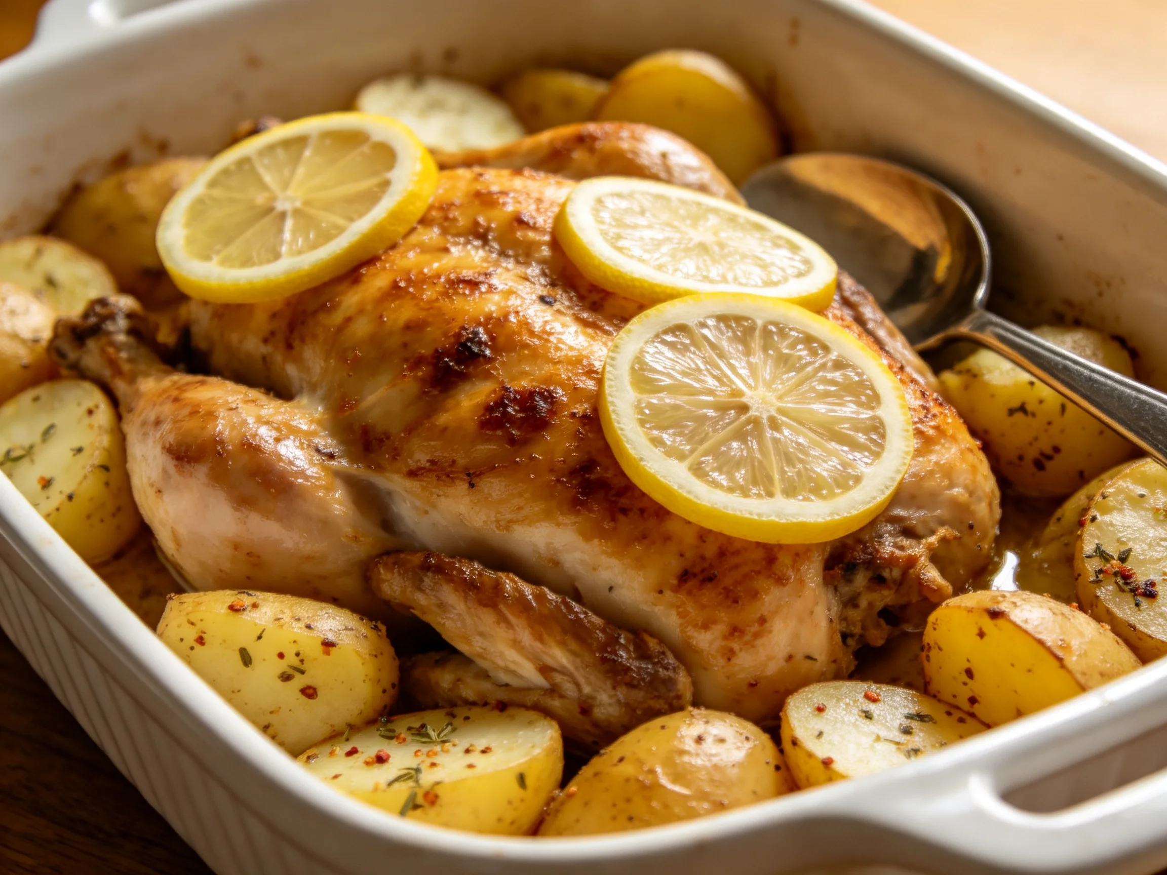 Roasted chicken with lemon slices and seasoned potatoes in a white dish.