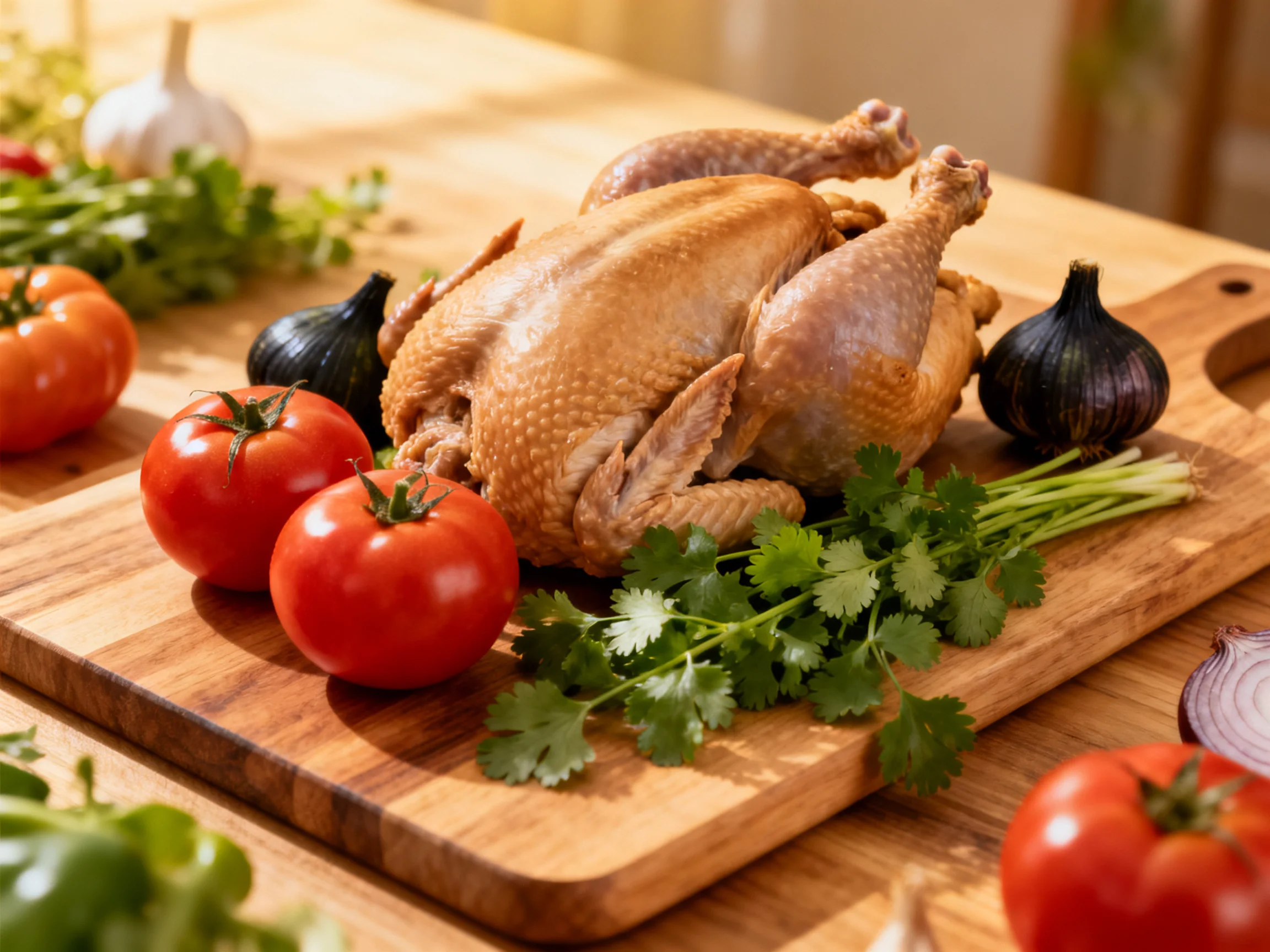 Golden-roasted chicken with vibrant veggies and fresh herbs