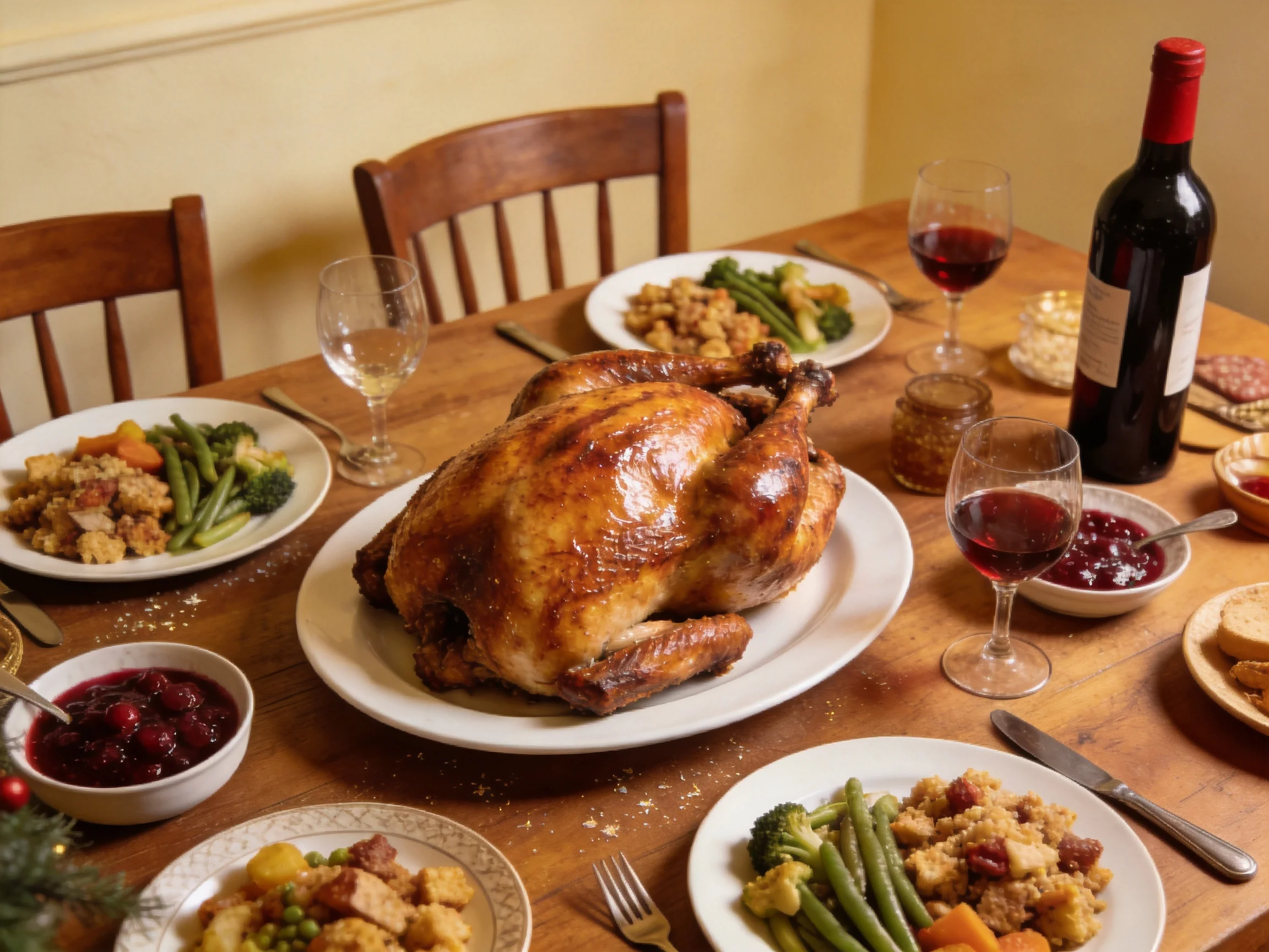 Golden-roasted turkey centered on a wooden dining table with festive sides
