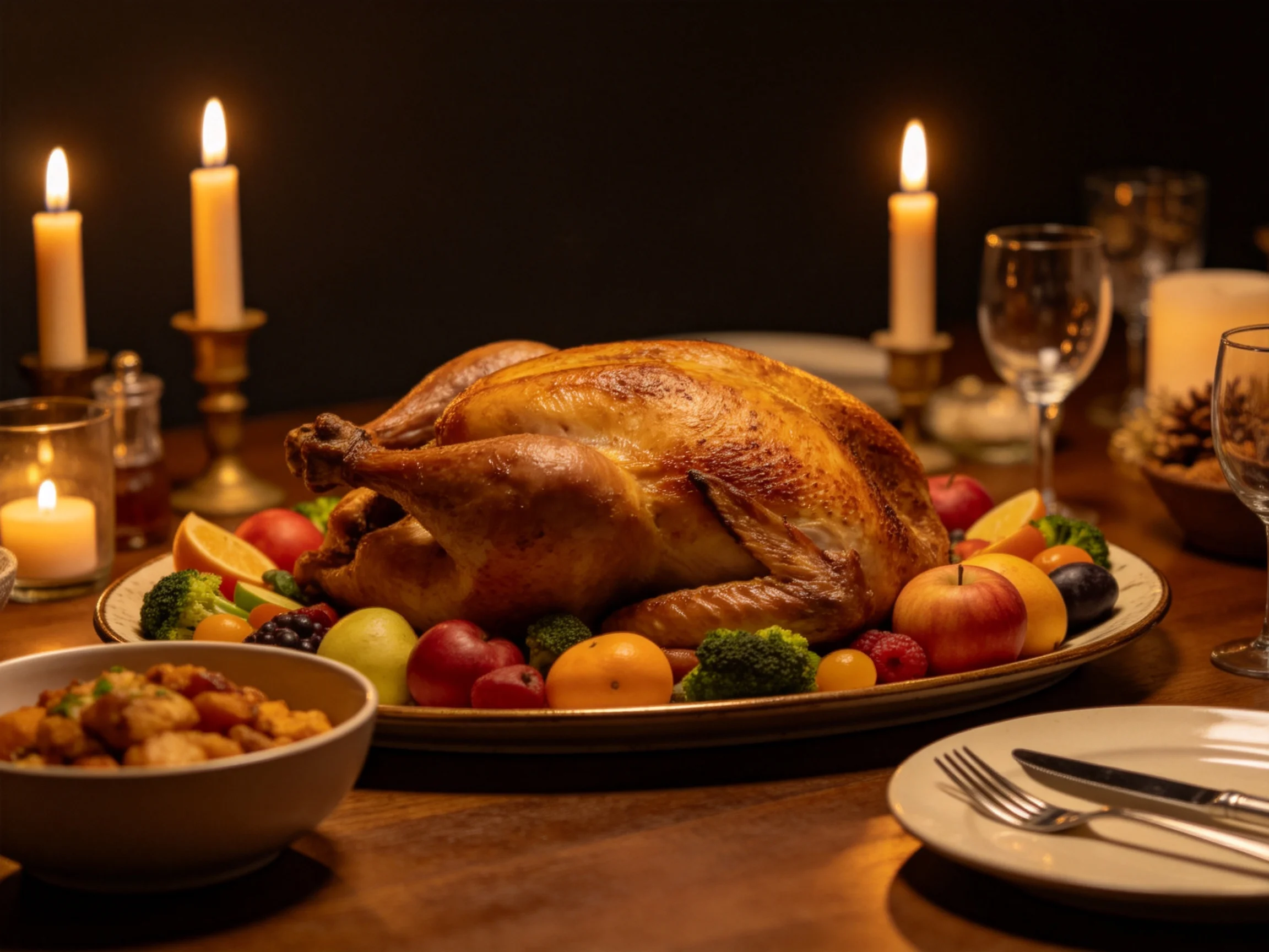Golden-roasted turkey surrounded by colorful fruits and lit candles