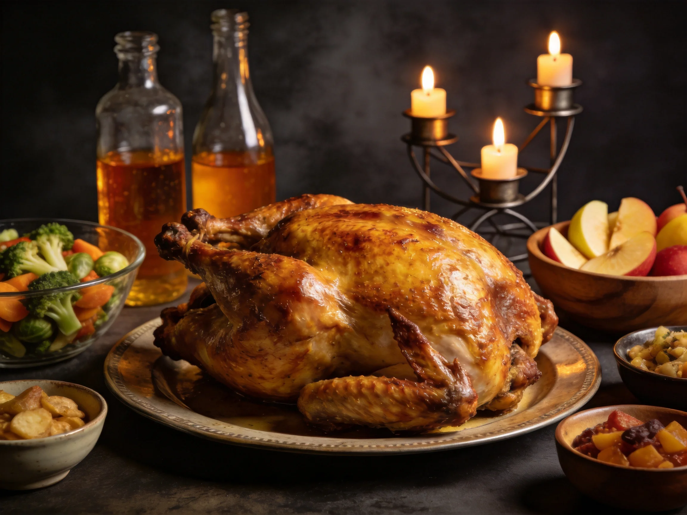 Golden-roasted turkey with festive dishes and candlelight