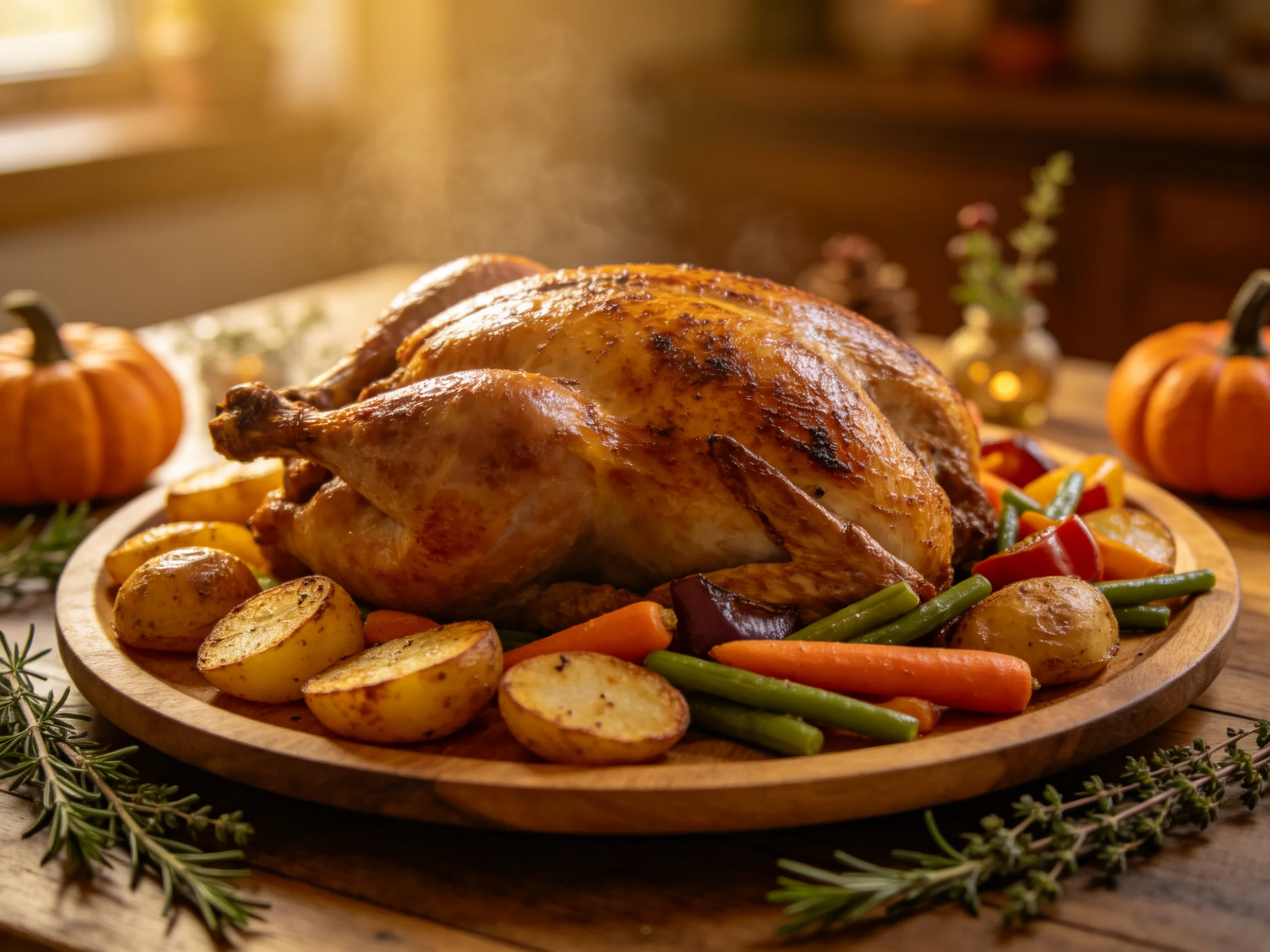 Golden-roasted turkey with seasonal vegetables and pumpkins