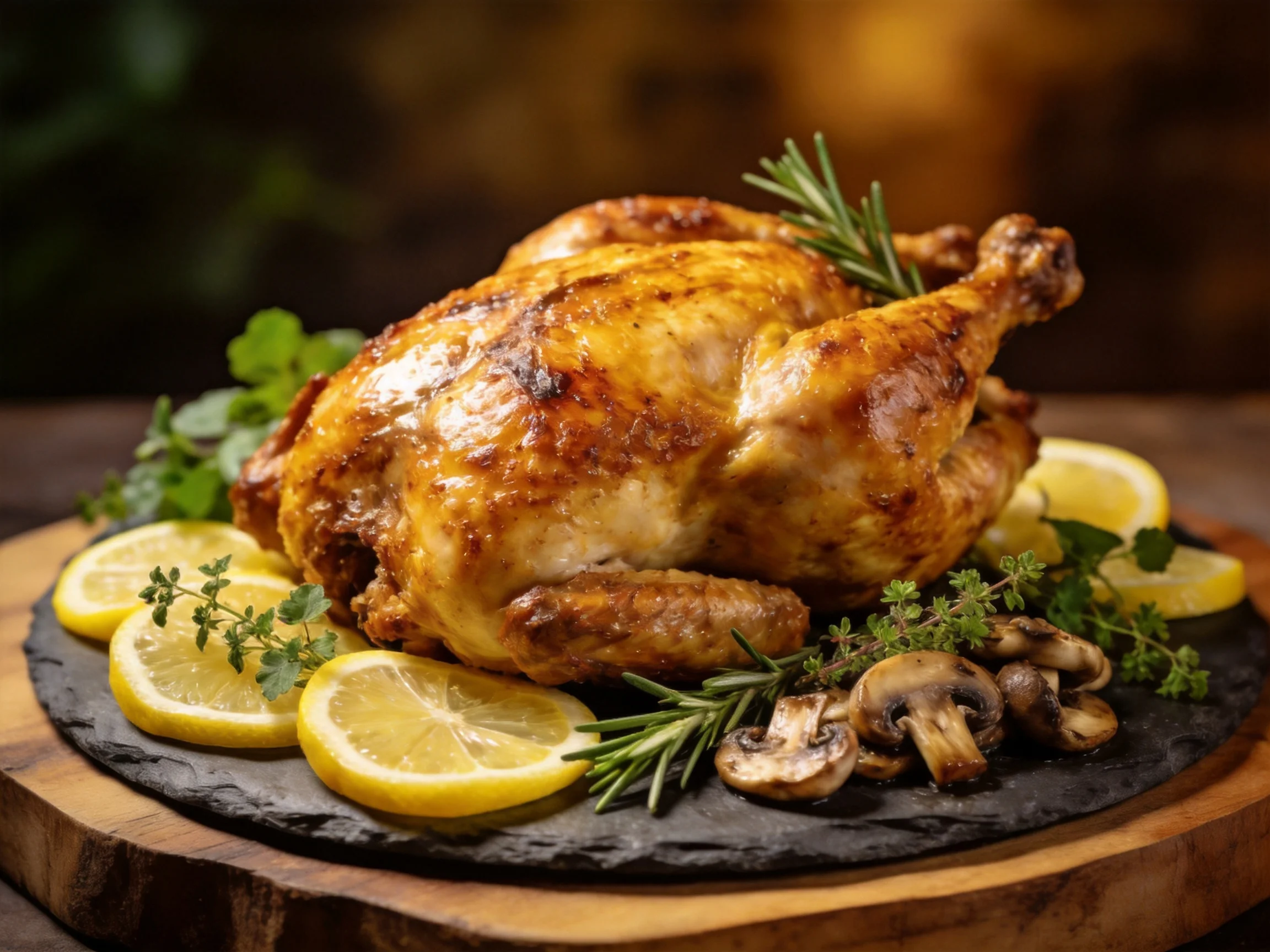 Golden-roasted whole chicken with lemon slices, mushrooms, and fresh herbs