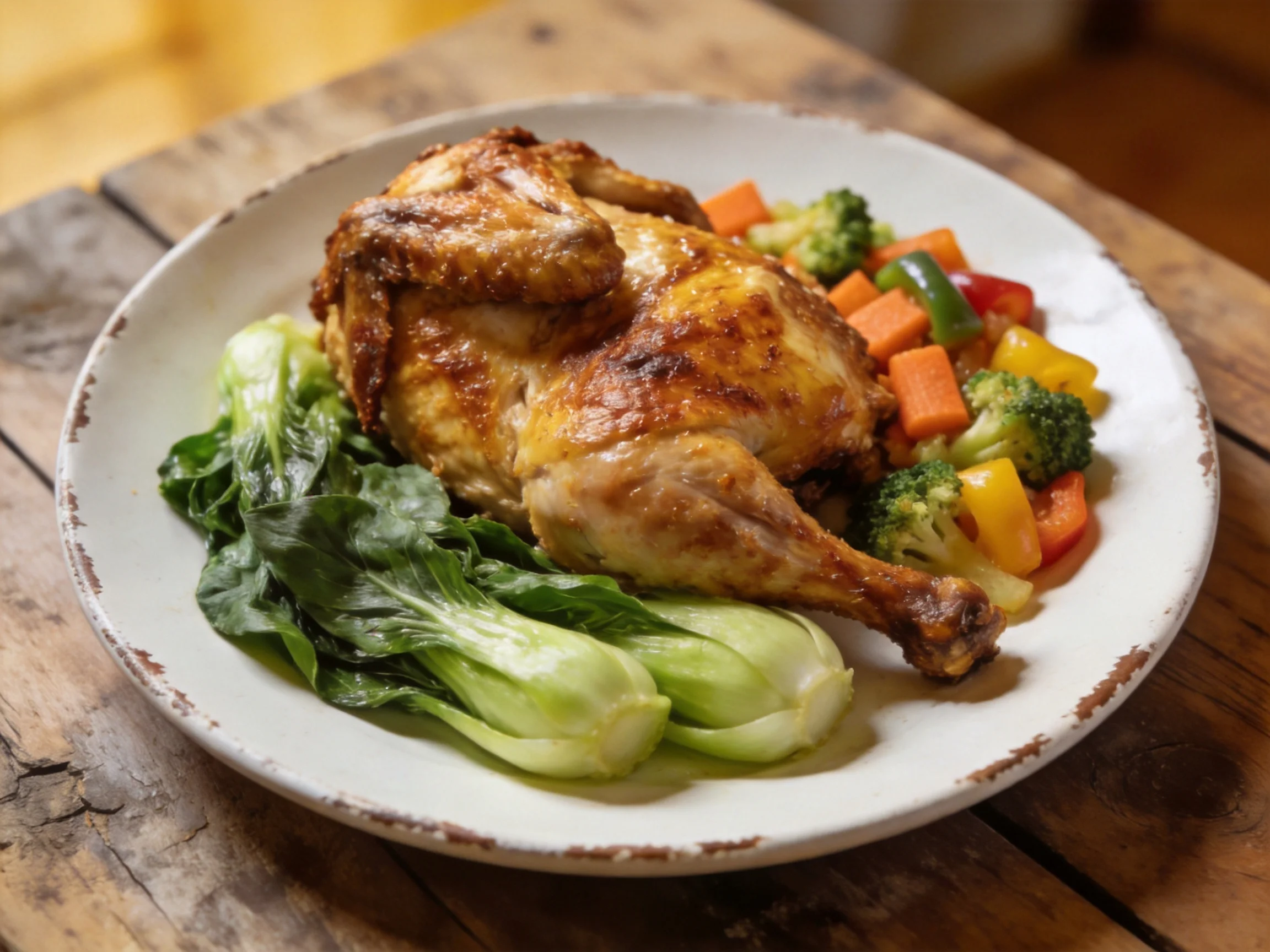 Golden-roasted whole chicken with mixed colorful vegetables on a rustic plate