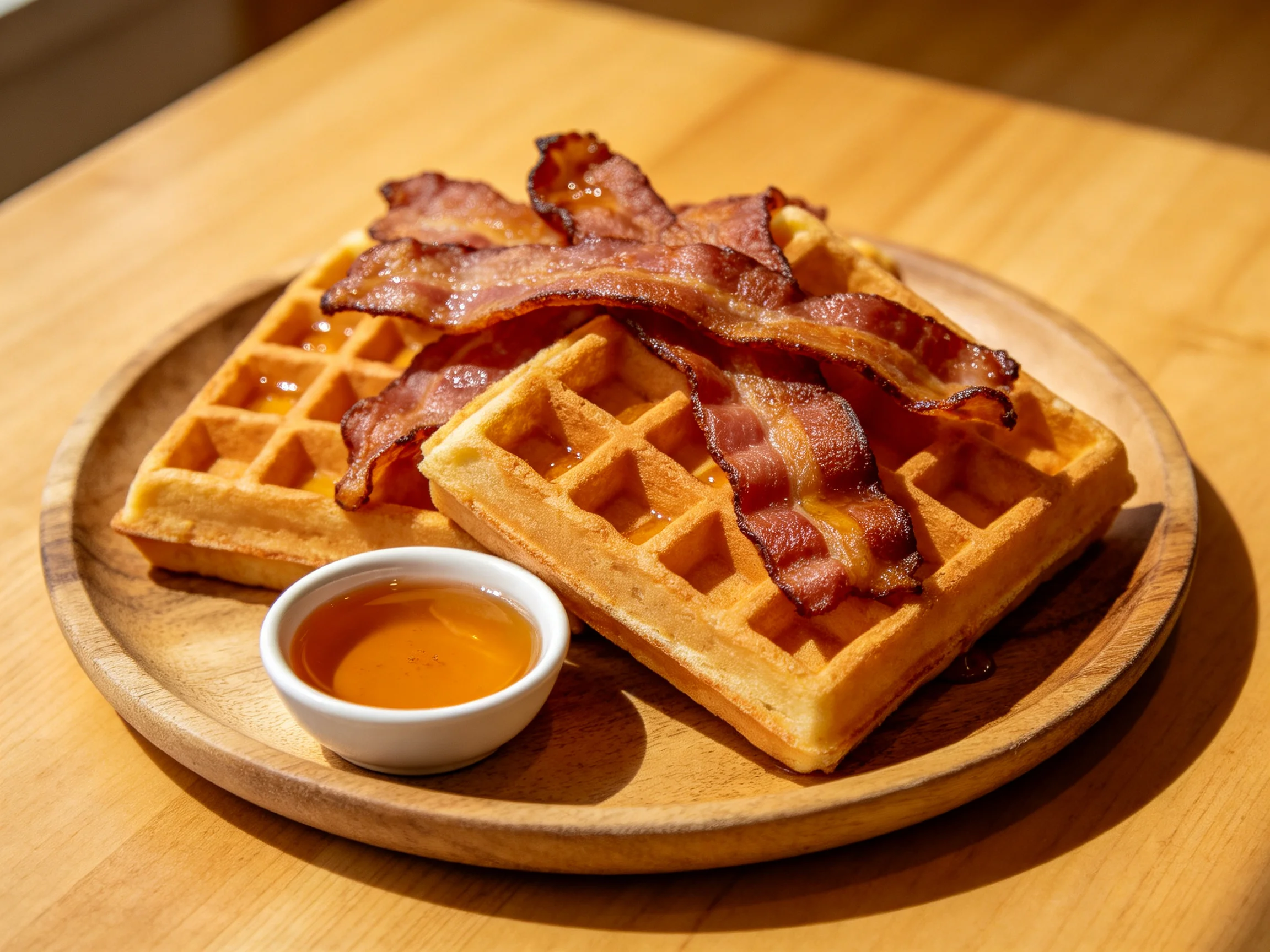 Golden waffles topped with crispy brown bacon and amber syrup