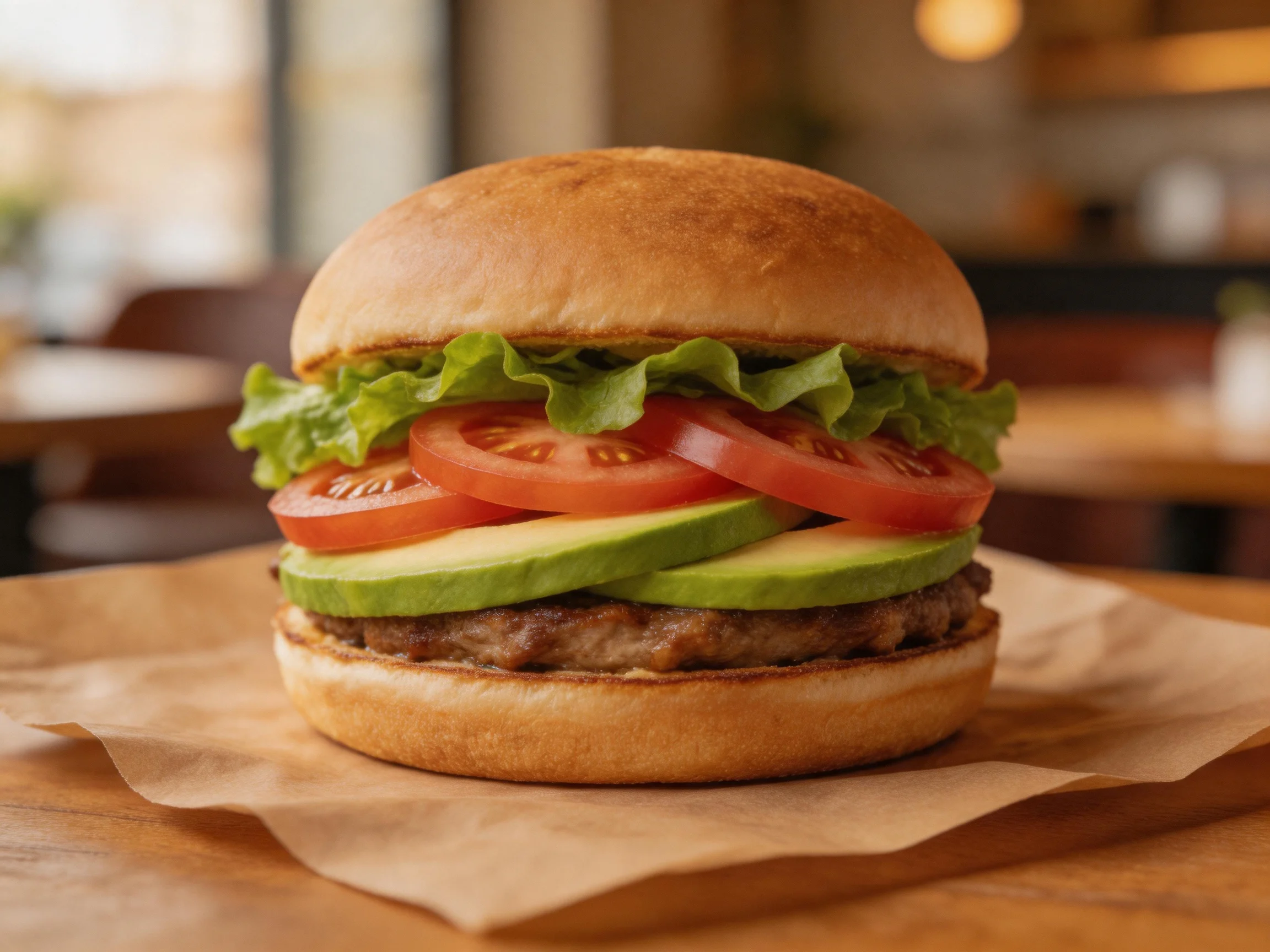 Gourmet Burger with Fresh Tomato, Avocado, and Lettuce Layers