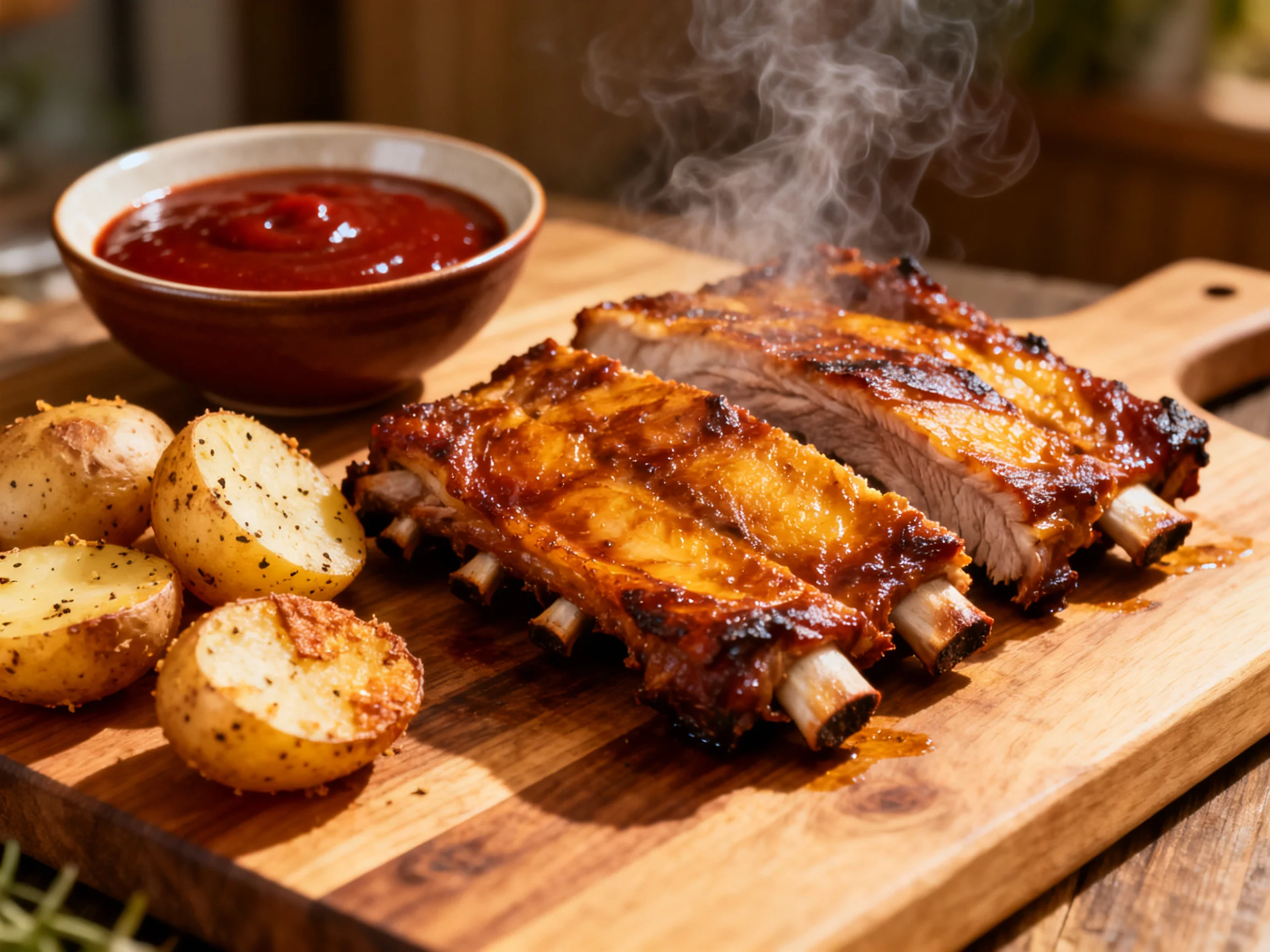Grilled BBQ ribs with seasoned potato halves and red sauce