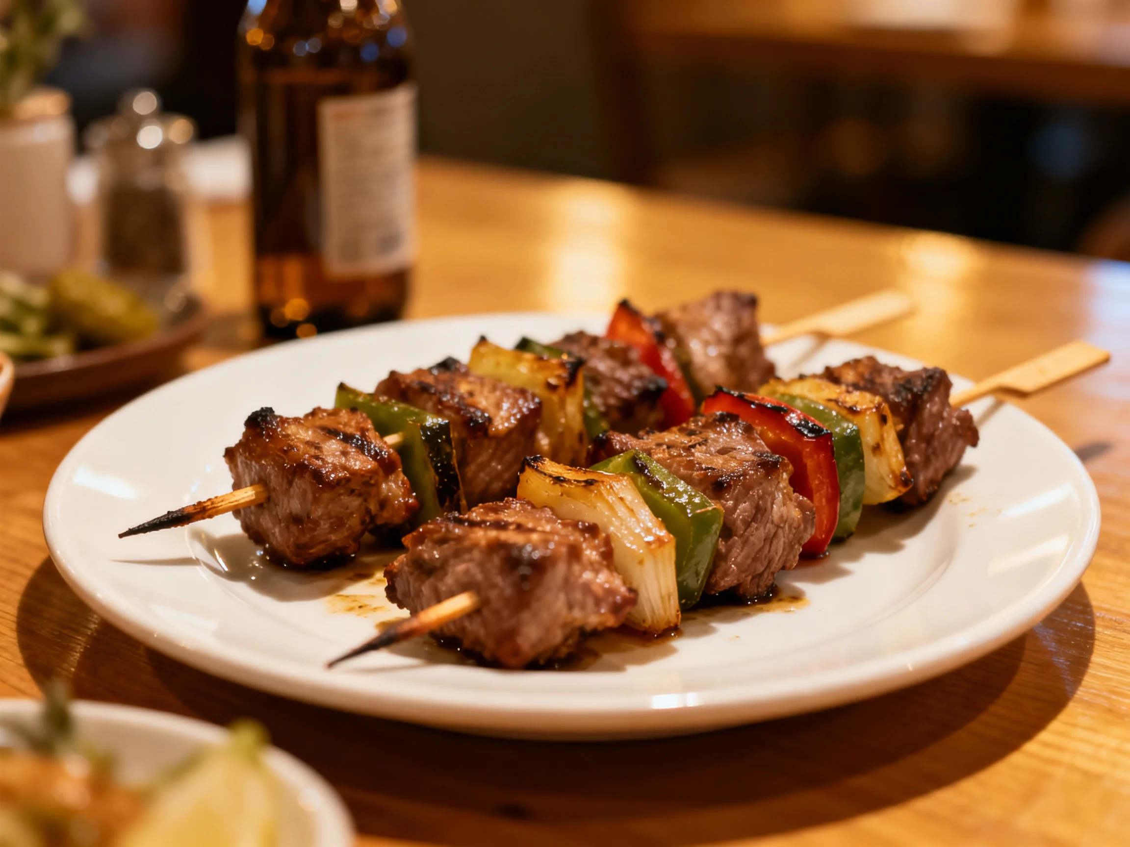 Grilled Beef and Vegetable Skewers on a White Plate Near a Beer