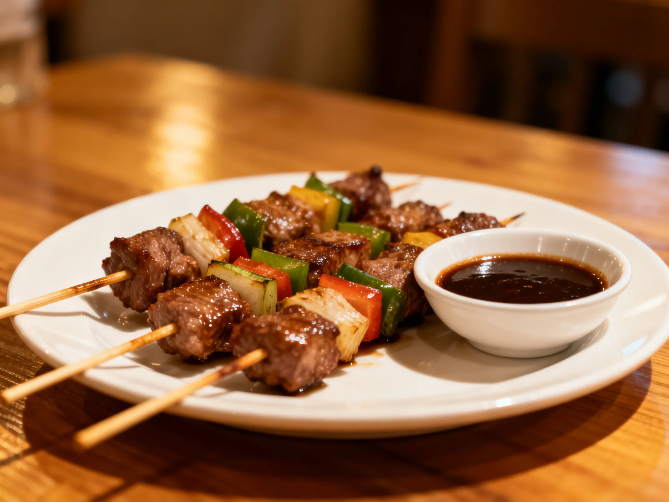 Grilled Beef and Vegetable Skewers with Dark Dipping Sauce
