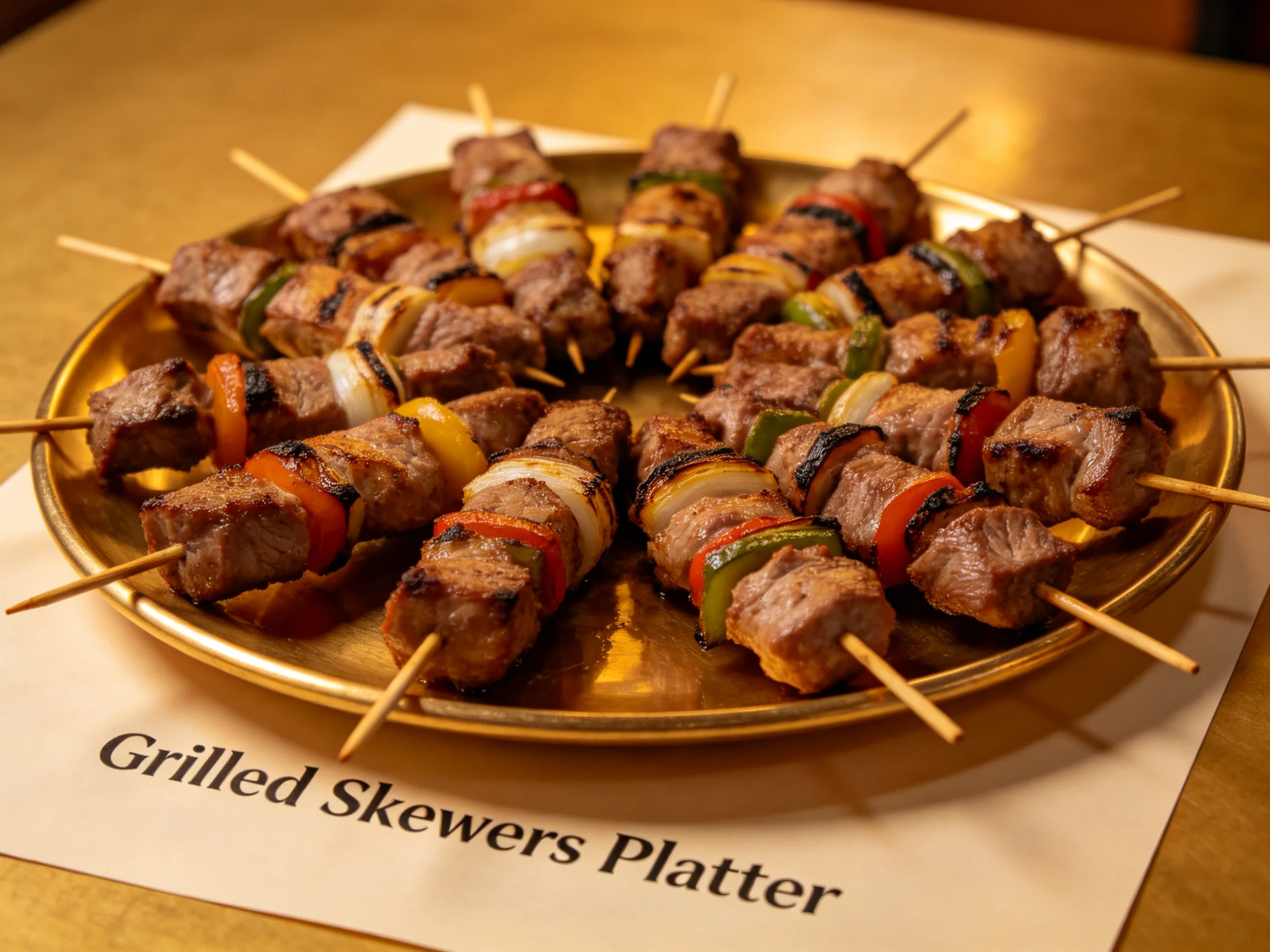 Grilled Beef and Veggie Skewers Displayed on a Brass Platter