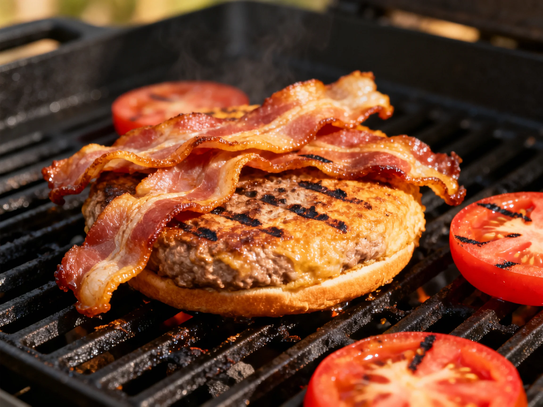 Grilled Burger with Crispy Bacon and Grilled Tomato Slices
