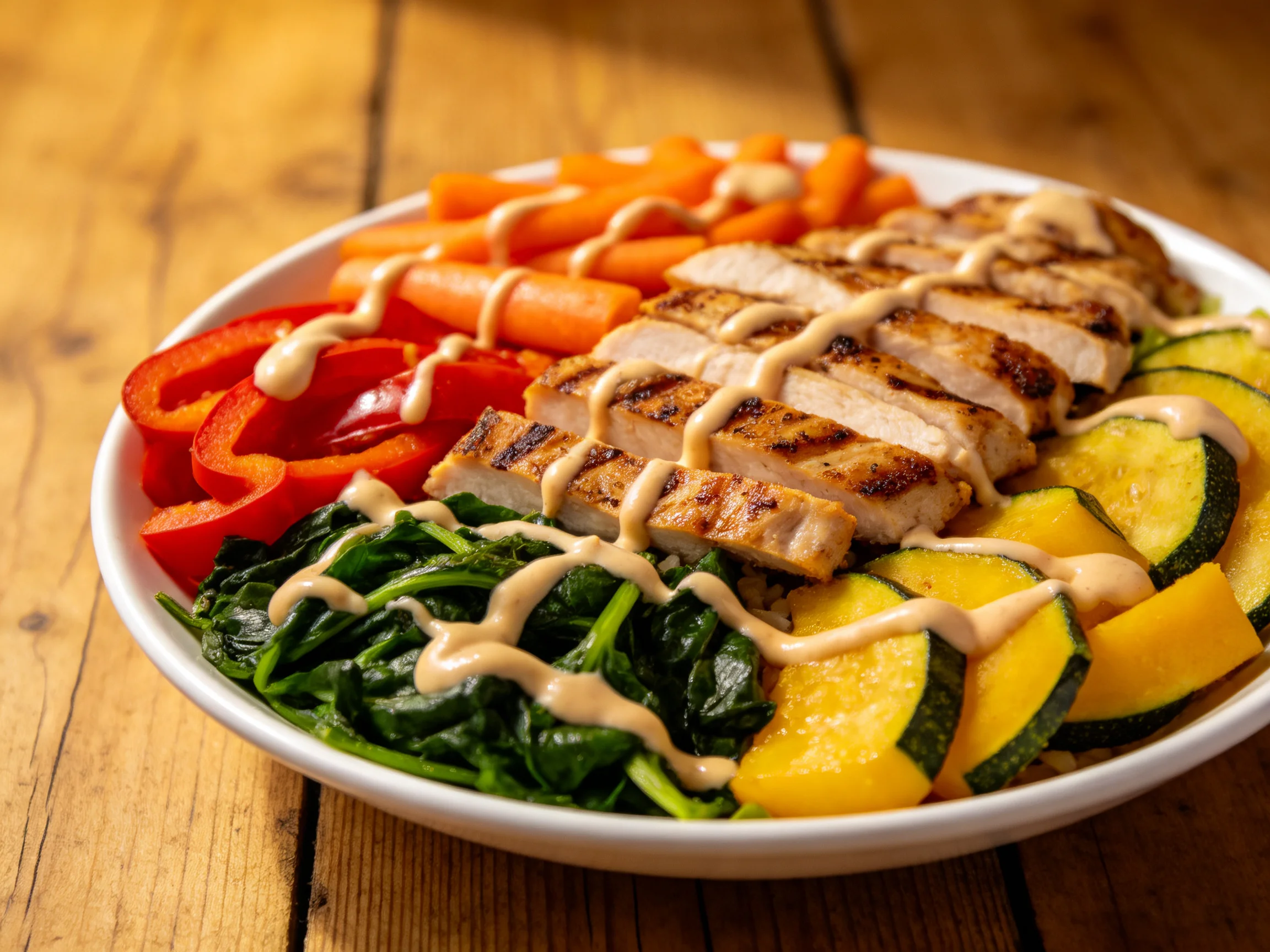Grilled Chicken Bowl with Roasted Vegetables and Creamy Drizzle