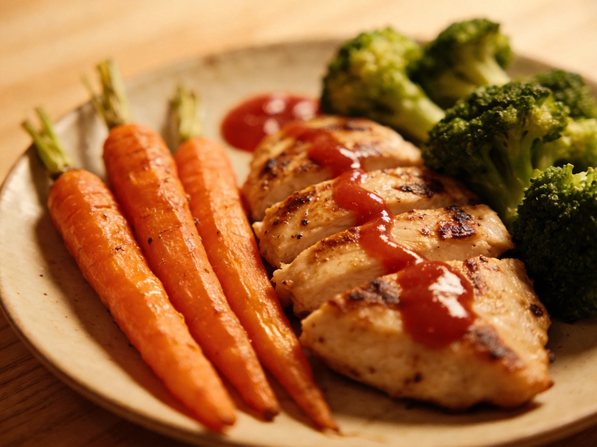 Grilled Chicken, Roasted Carrots, and Steamed Broccoli with Barbecue Sauce