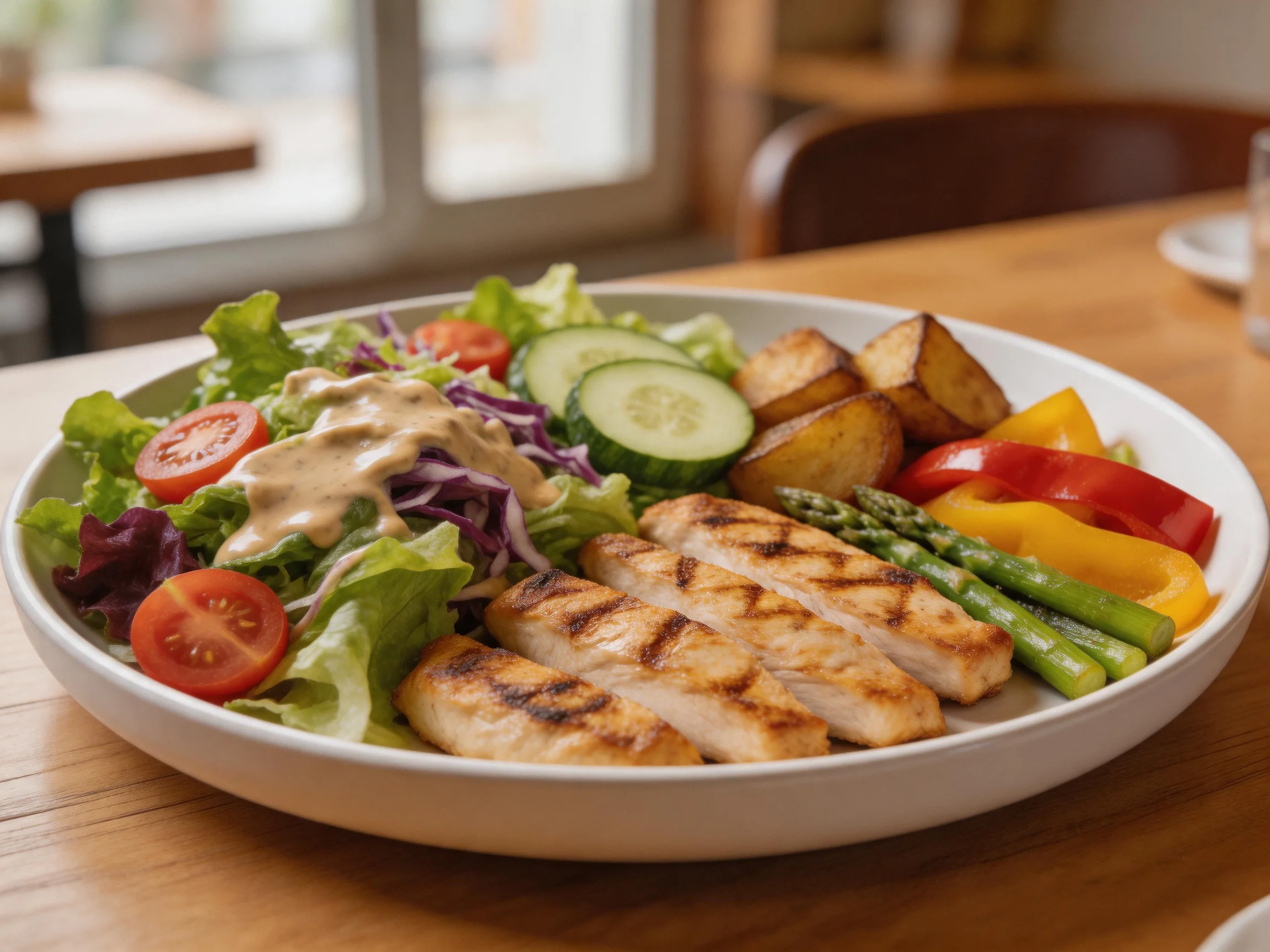 Grilled Chicken Salad Bowl with Roasted Potatoes and Fresh Vegetables