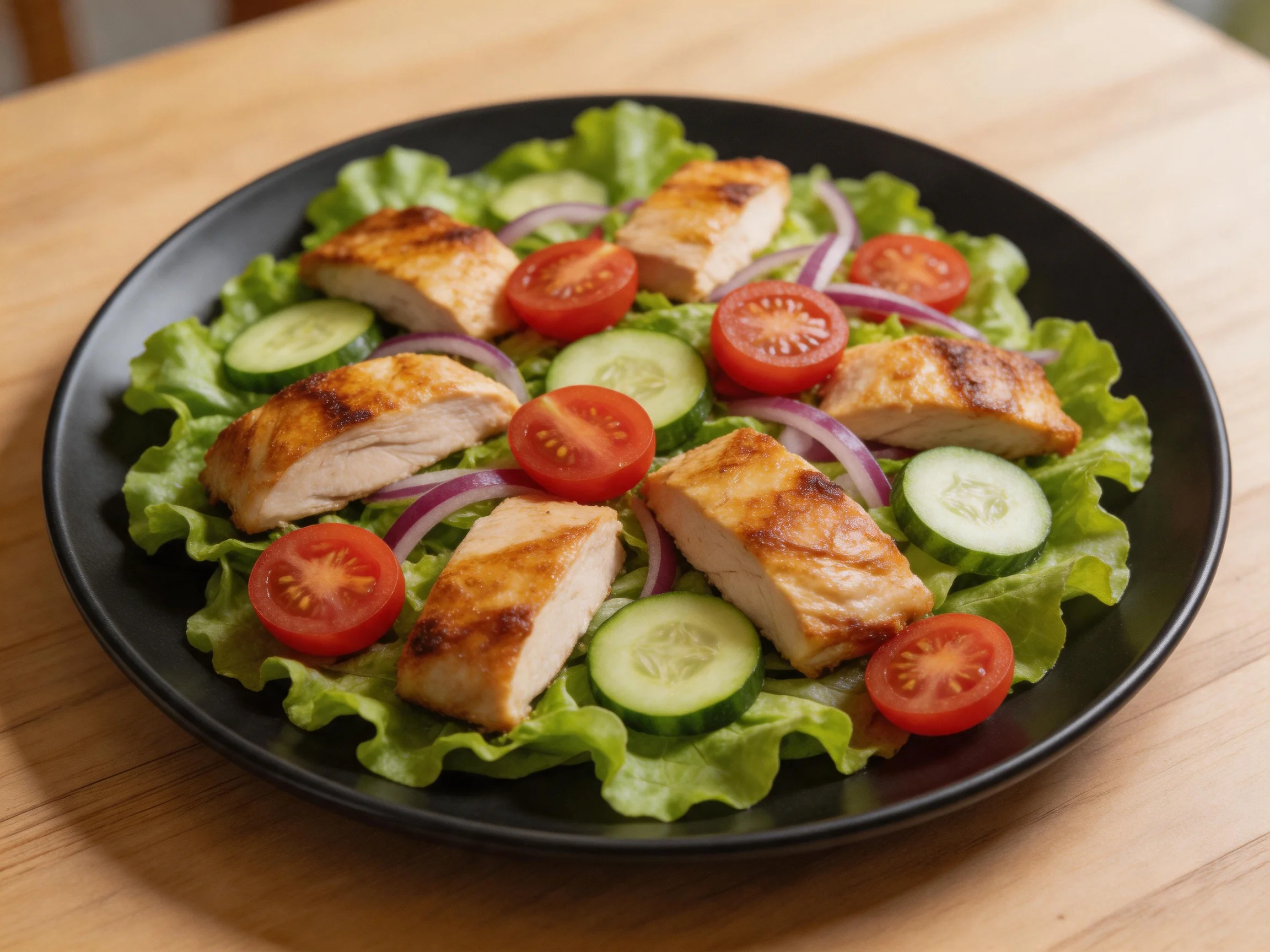 Grilled Chicken Salad with Tomatoes, Cucumbers, and Red Onions