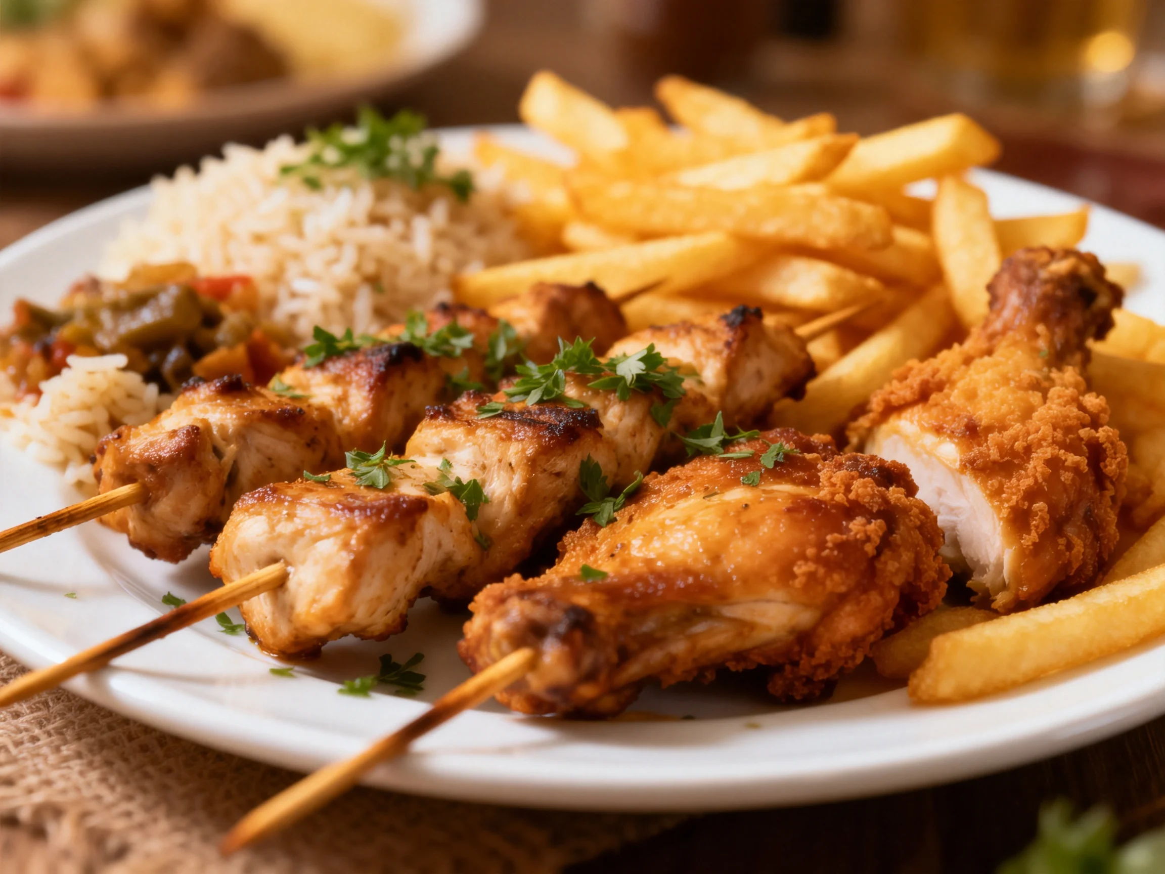 Grilled Chicken Skewers, Fried Chicken, Fries, and Seasoned Rice