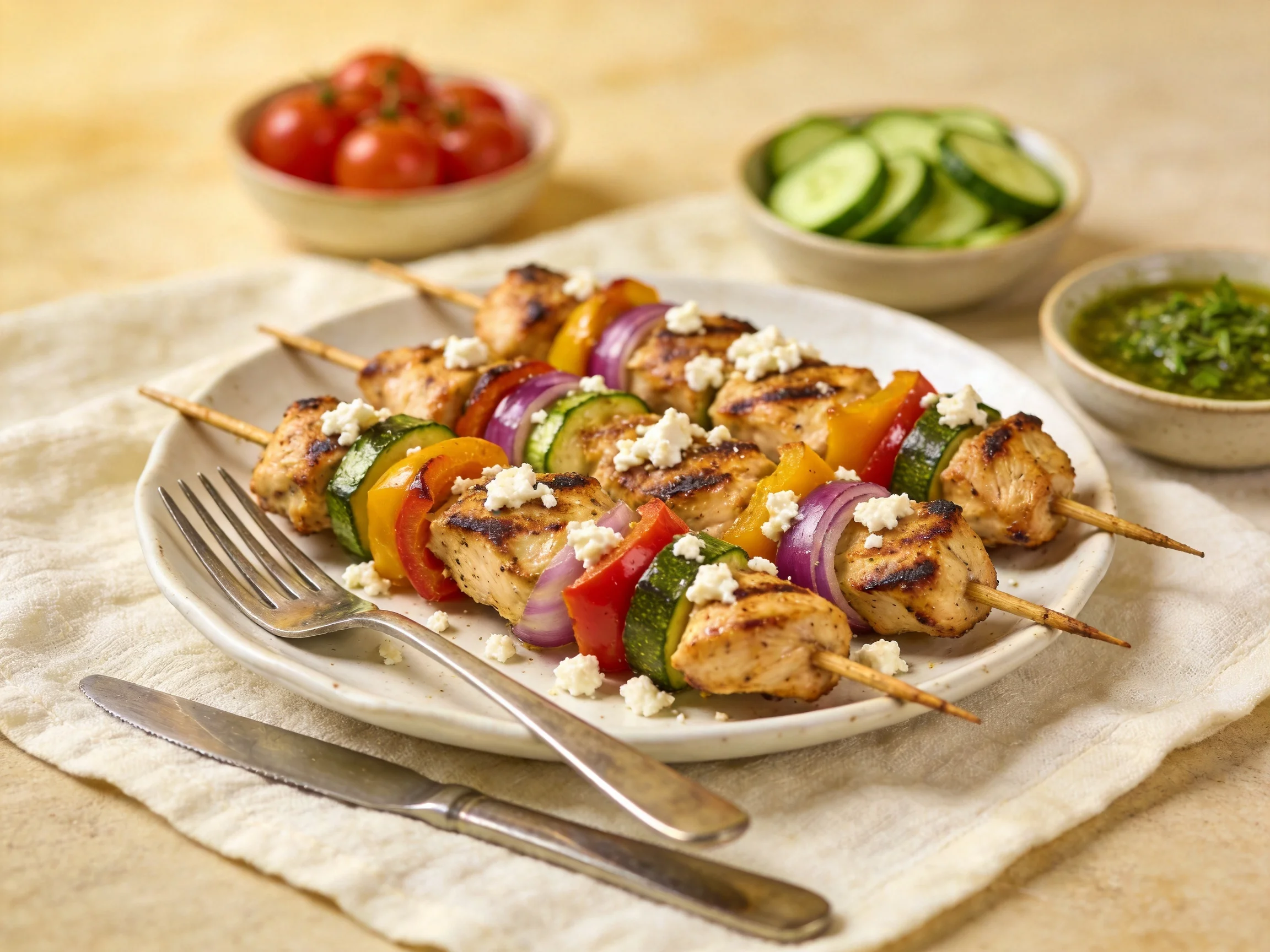 Grilled Chicken Skewers with Colorful Vegetables and Sides
