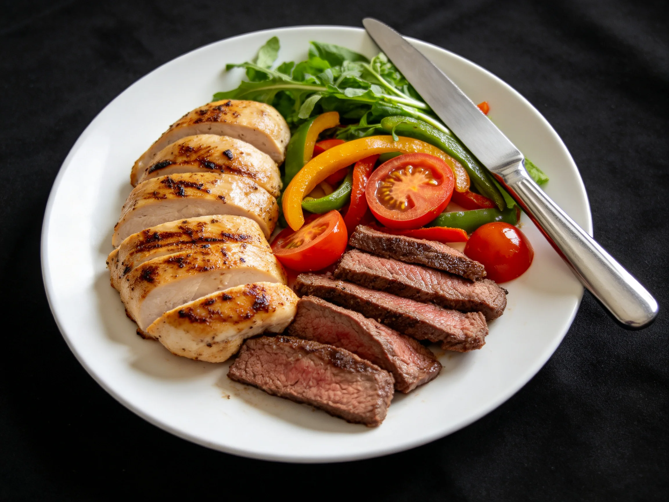Grilled Chicken, Steak, and Fresh Vegetables on a White Plate