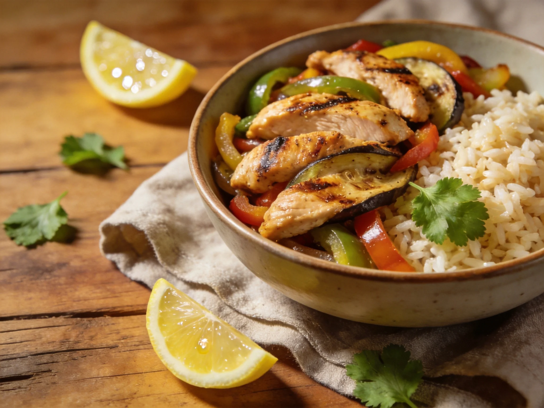 Grilled Chicken Stir-Fry Bowl with Rice, Peppers, and Lemon