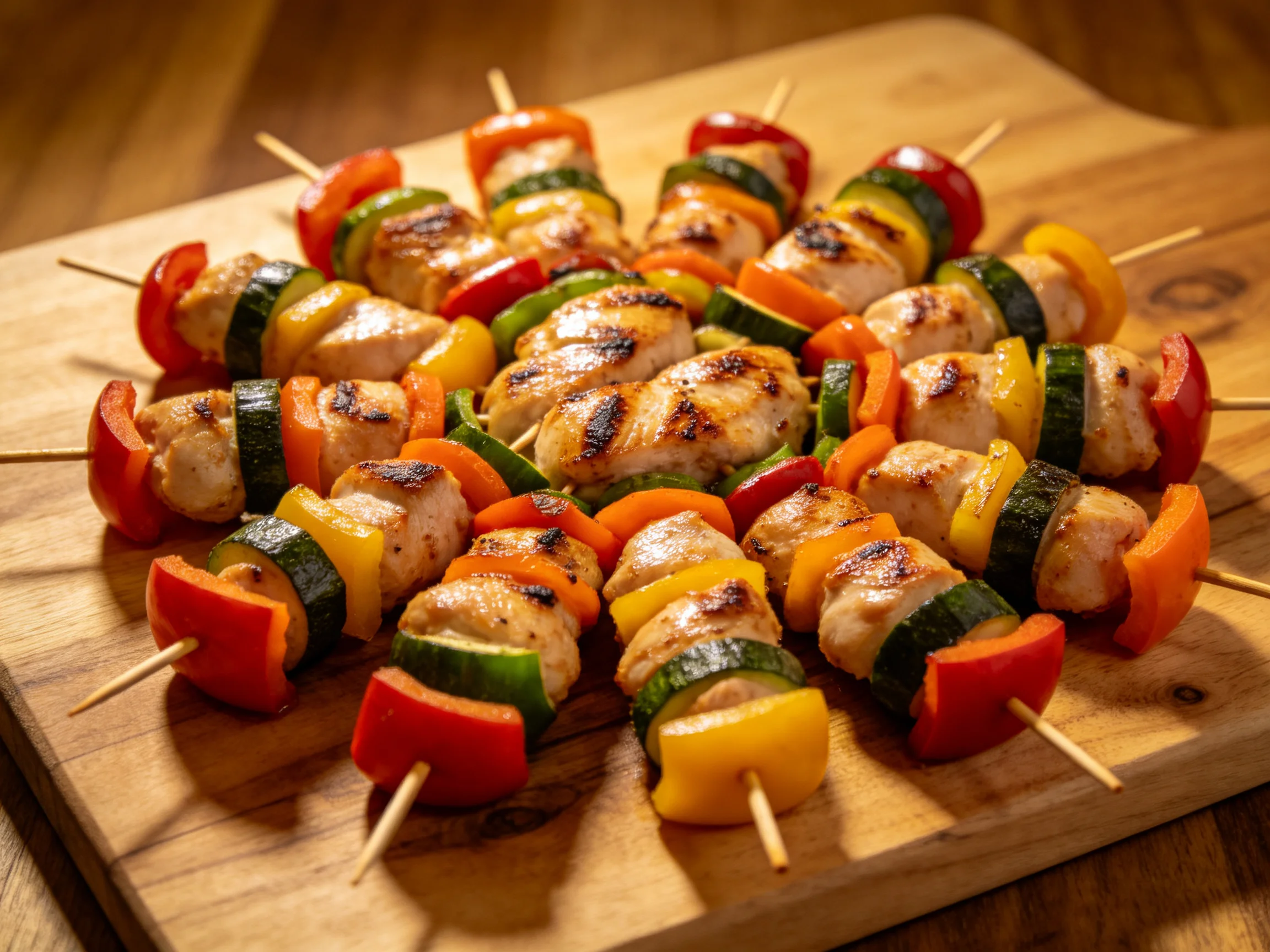 Grilled Chicken and Colorful Vegetable Skewers on a Wooden Board