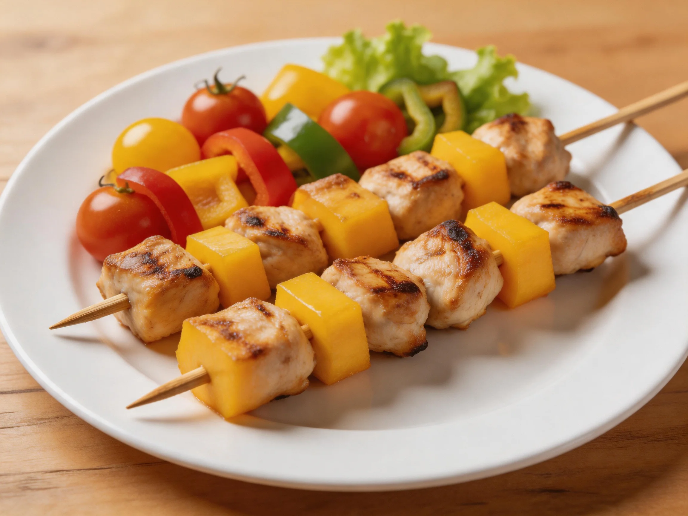 Grilled Chicken and Mango Skewers with Colorful Fresh Vegetables