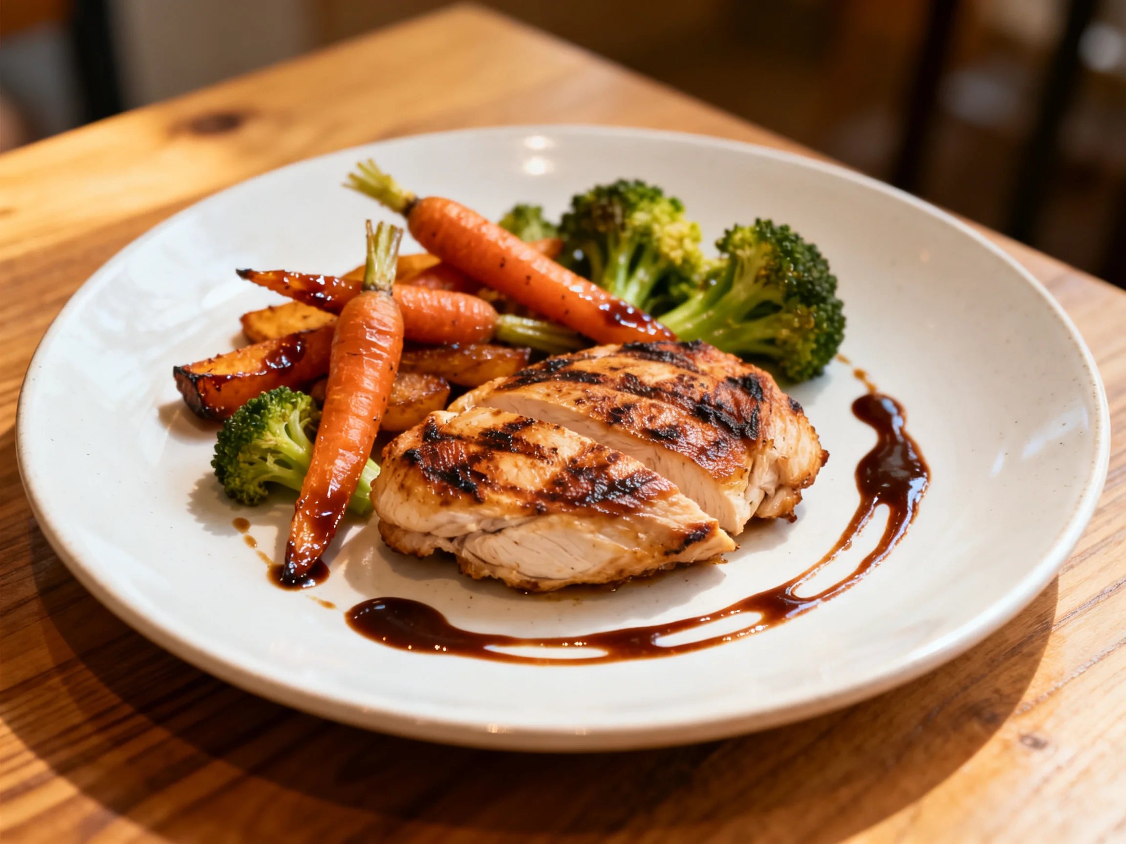 Grilled Chicken with Roasted Carrots, Broccoli, and Balsamic Sauce