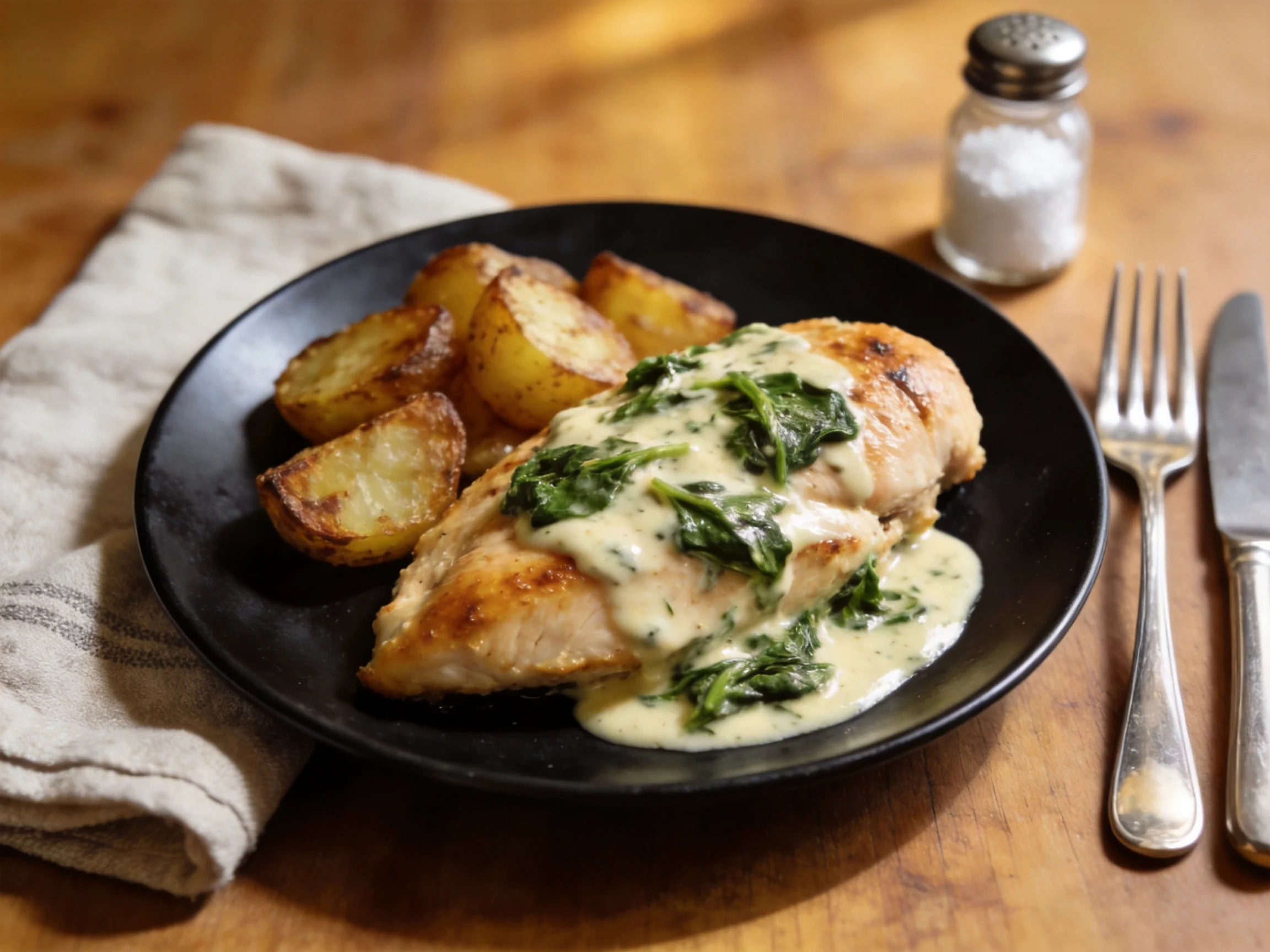 Grilled Chicken with Spinach Cream Sauce and Roasted Potato Wedges