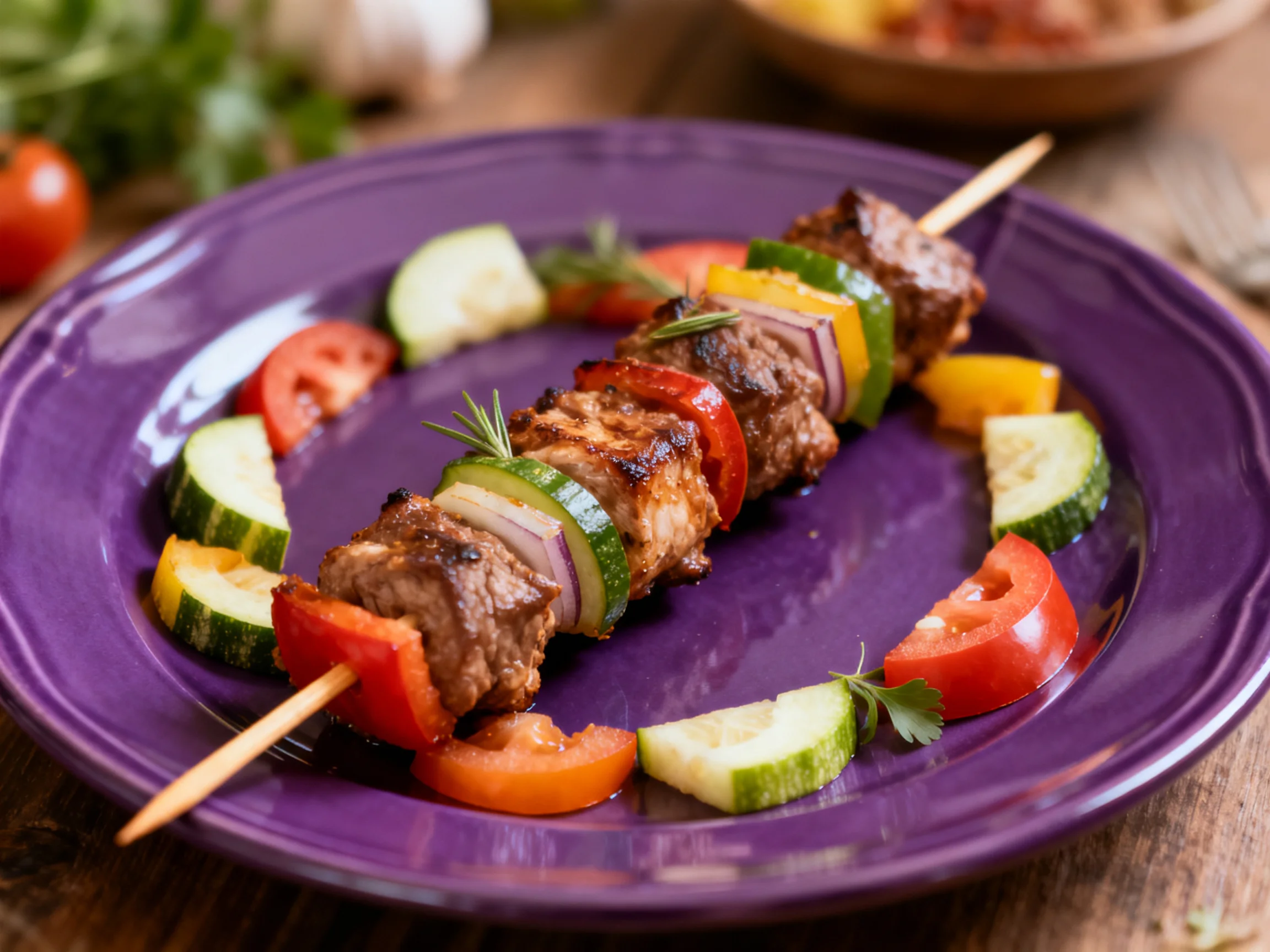 Grilled Meat and Vegetable Skewers on a Vibrant Purple Plate