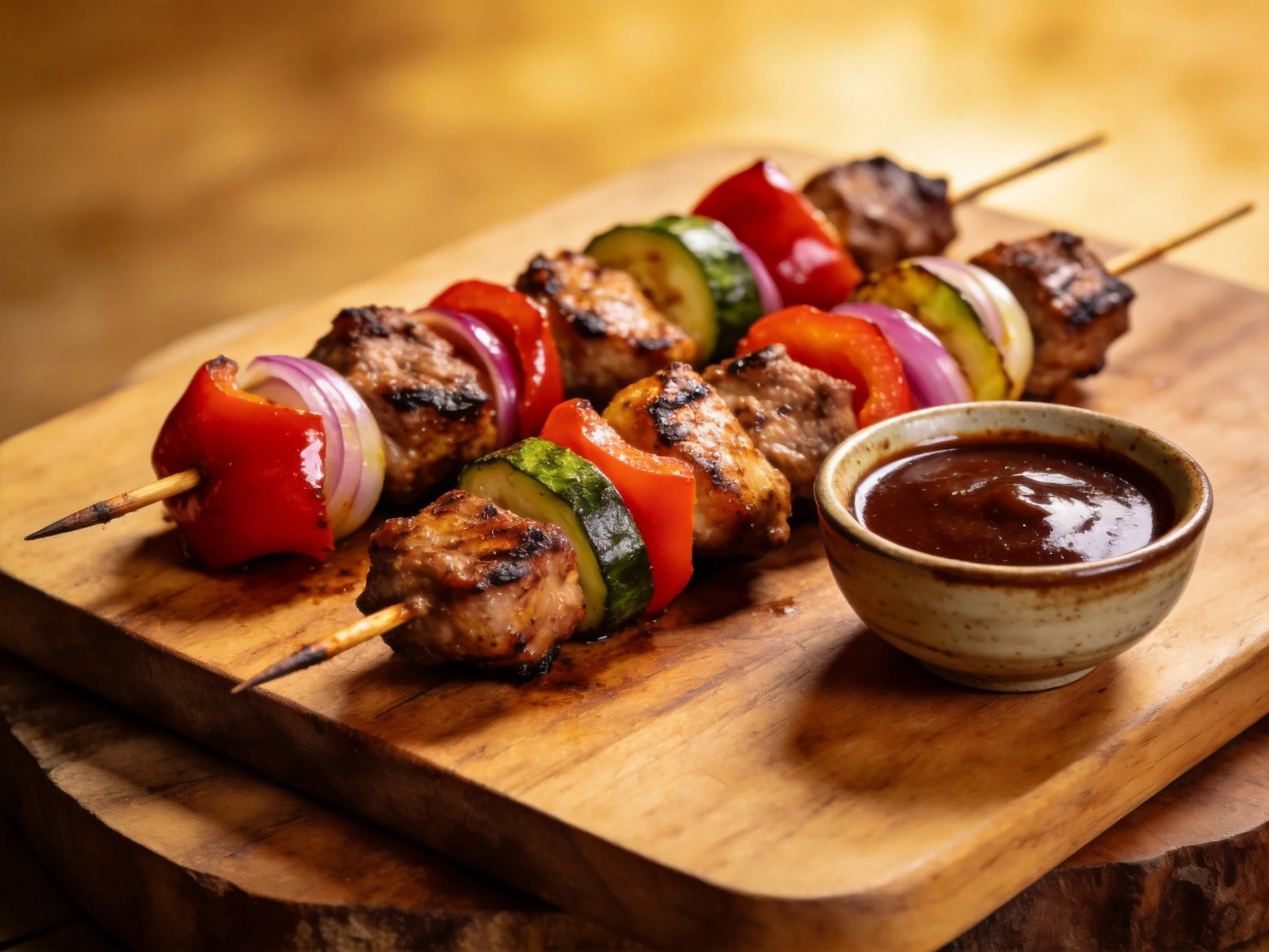 Grilled Meat and Veggie Skewers with BBQ Sauce on a Wooden Board